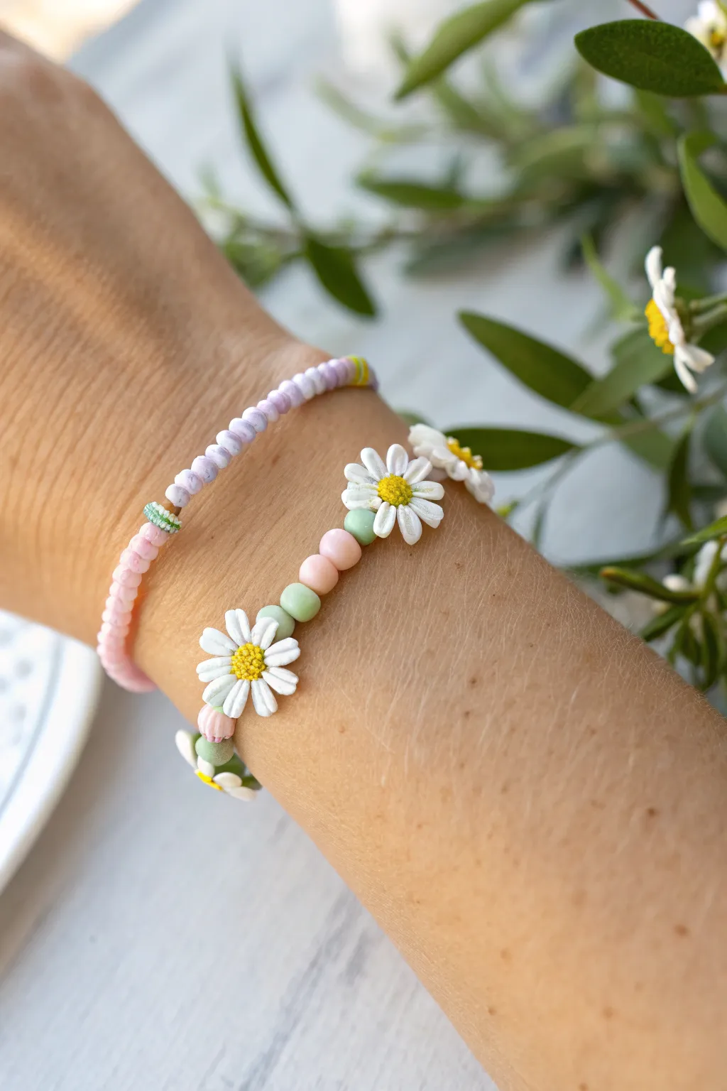 Springy daisy clay bead bracelet with pastel heishi beads, minimal and sweet on the wrist