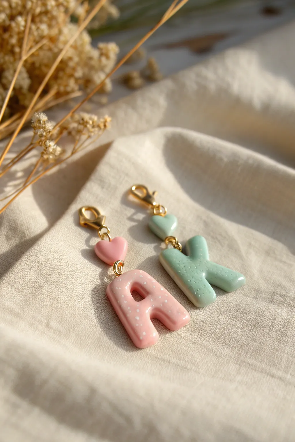 Sweet pastel initial charms for a clay date, glossy and heart-detailed, perfect as a couple set.
