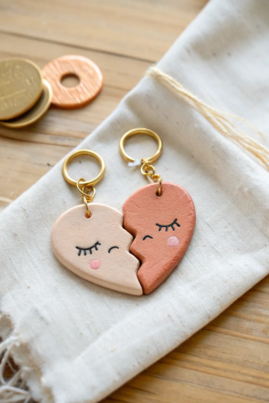 Two matching split heart clay charms with tiny faces, styled like a sweet best friend gift