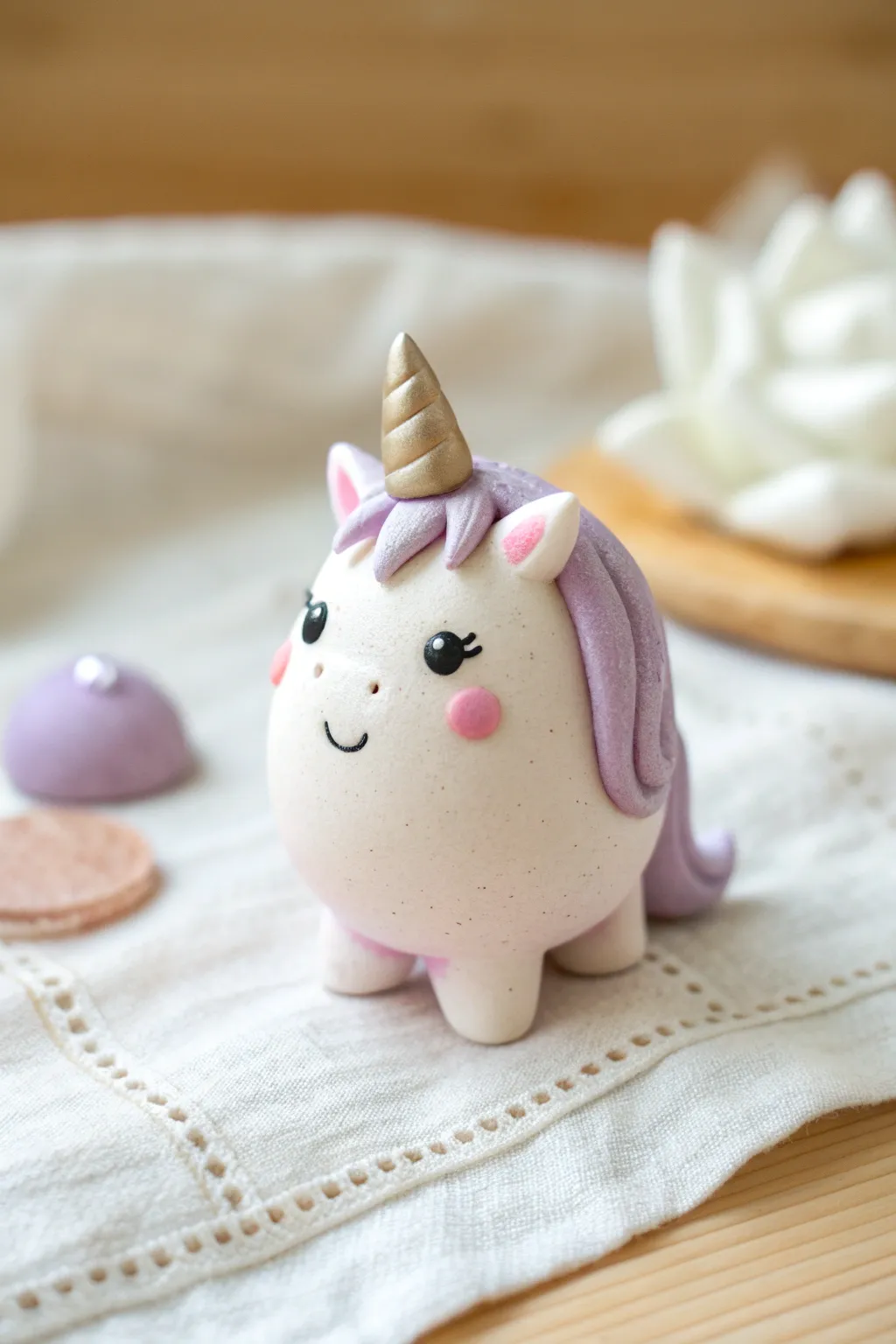 Sweet pocket unicorn in pastel polymer clay, minimalist and kawaii for a dreamy desk nook