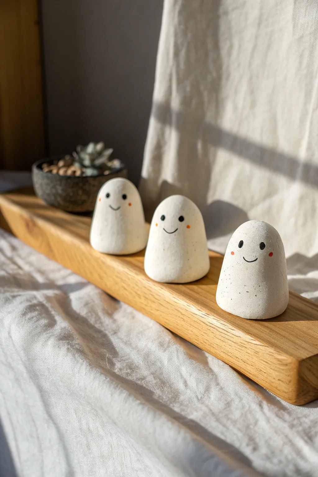 Three mini clay ghost shelf sitters in soft light, minimalist and spooky-cute for cozy decor
