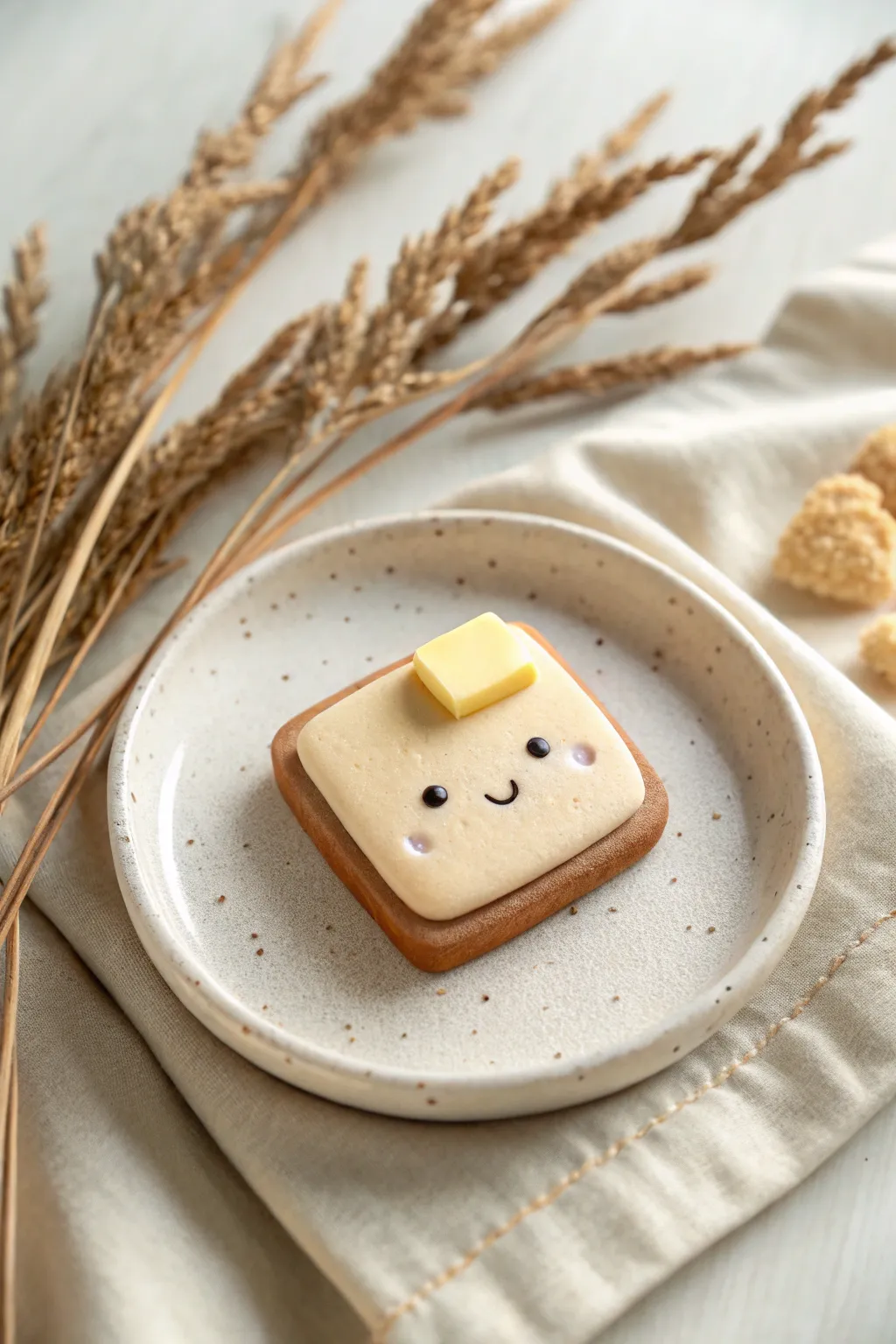 Adorable mini clay toast with happy butter, styled minimalist and cozy for easy beginner crafting