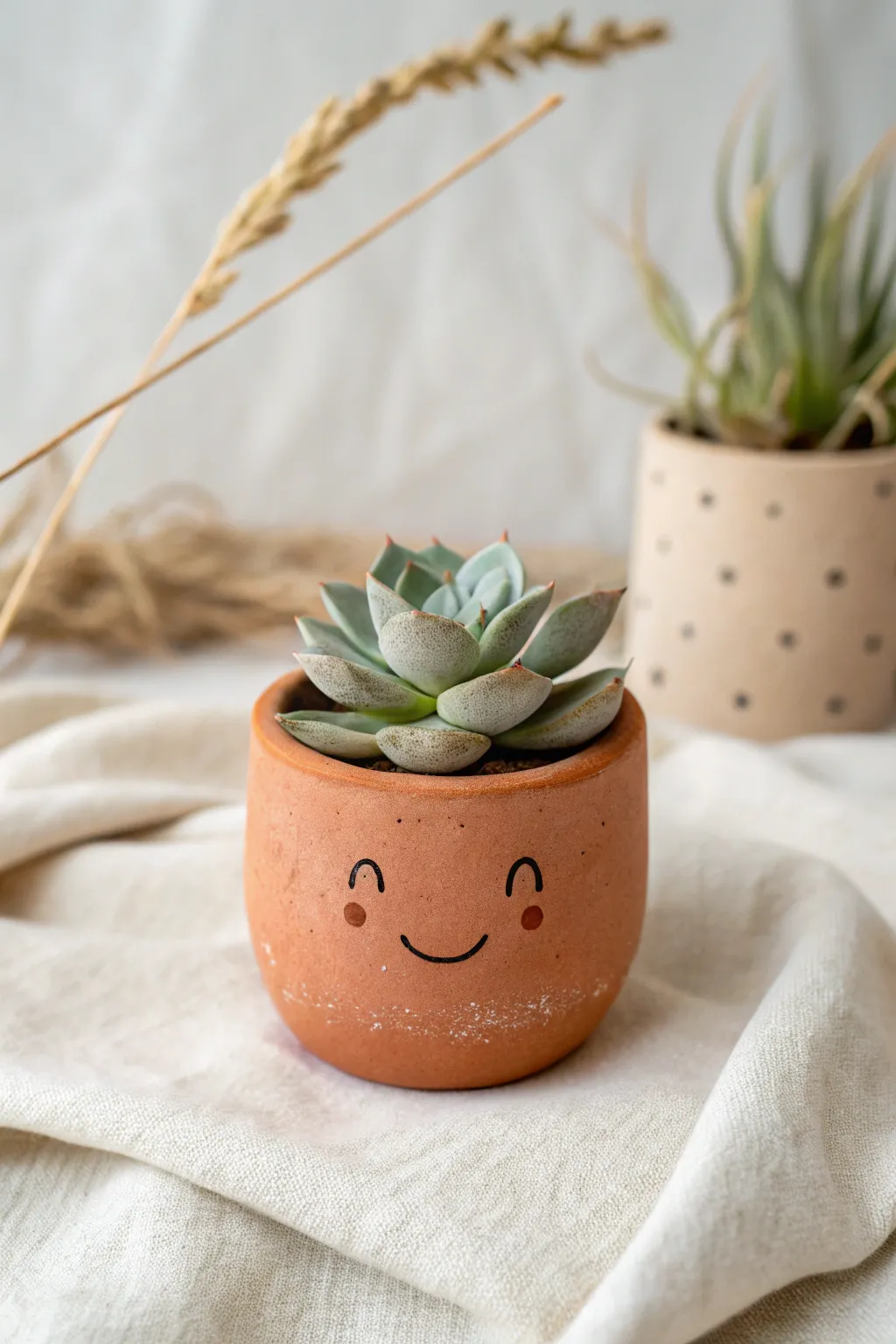 A tiny smiling clay succulent pot, the cutest minimalist desk buddy with cozy boho charm.