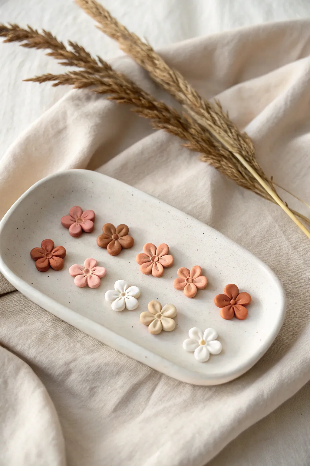 Simple five-petal mini clay flower studs, chunky and cute, styled in soft Scandinavian boho light