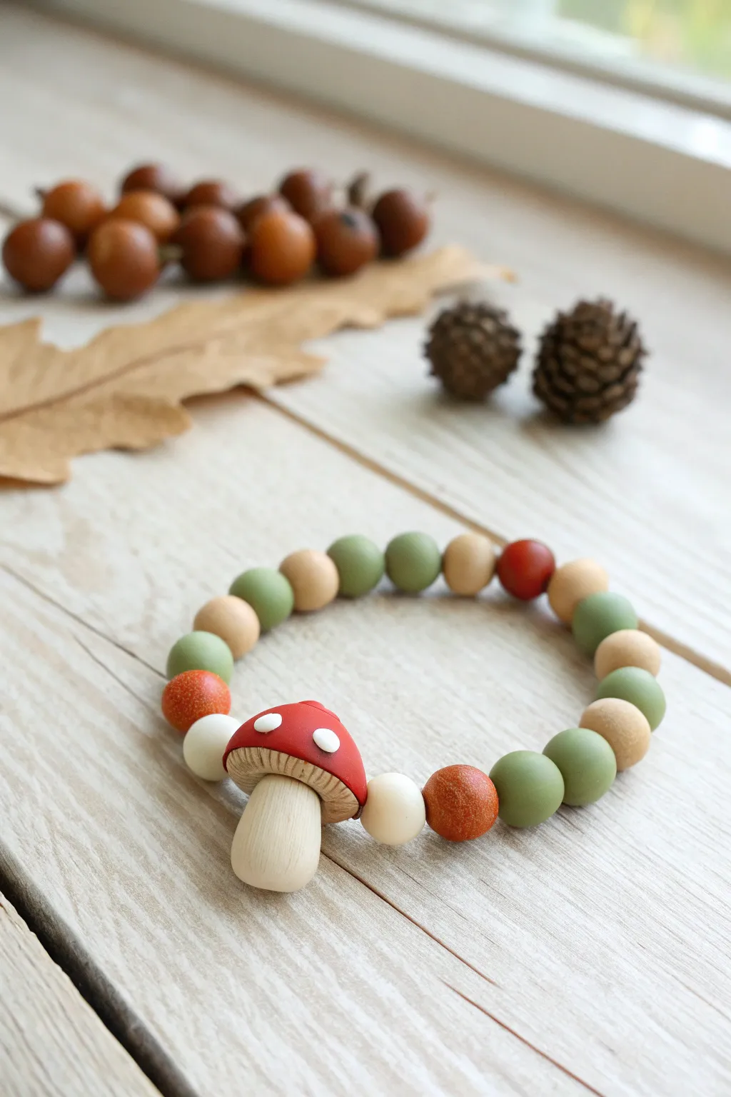 Fall clay bead bracelet with a sweet mushroom focal bead in cozy forest-floor colors