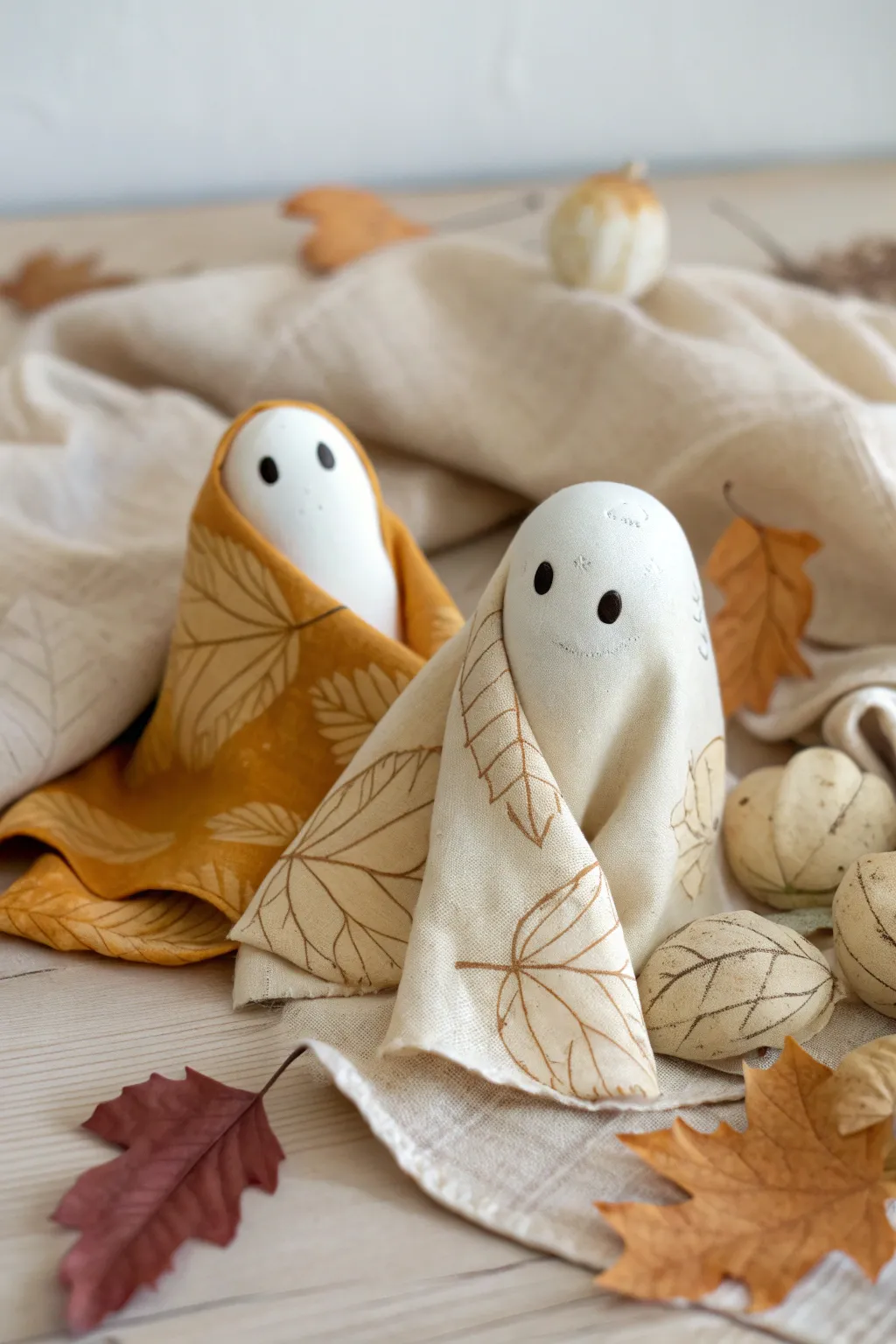Cozy clay ghosts tucked in leaf-textured blankets, the sweetest minimalist fall decor.