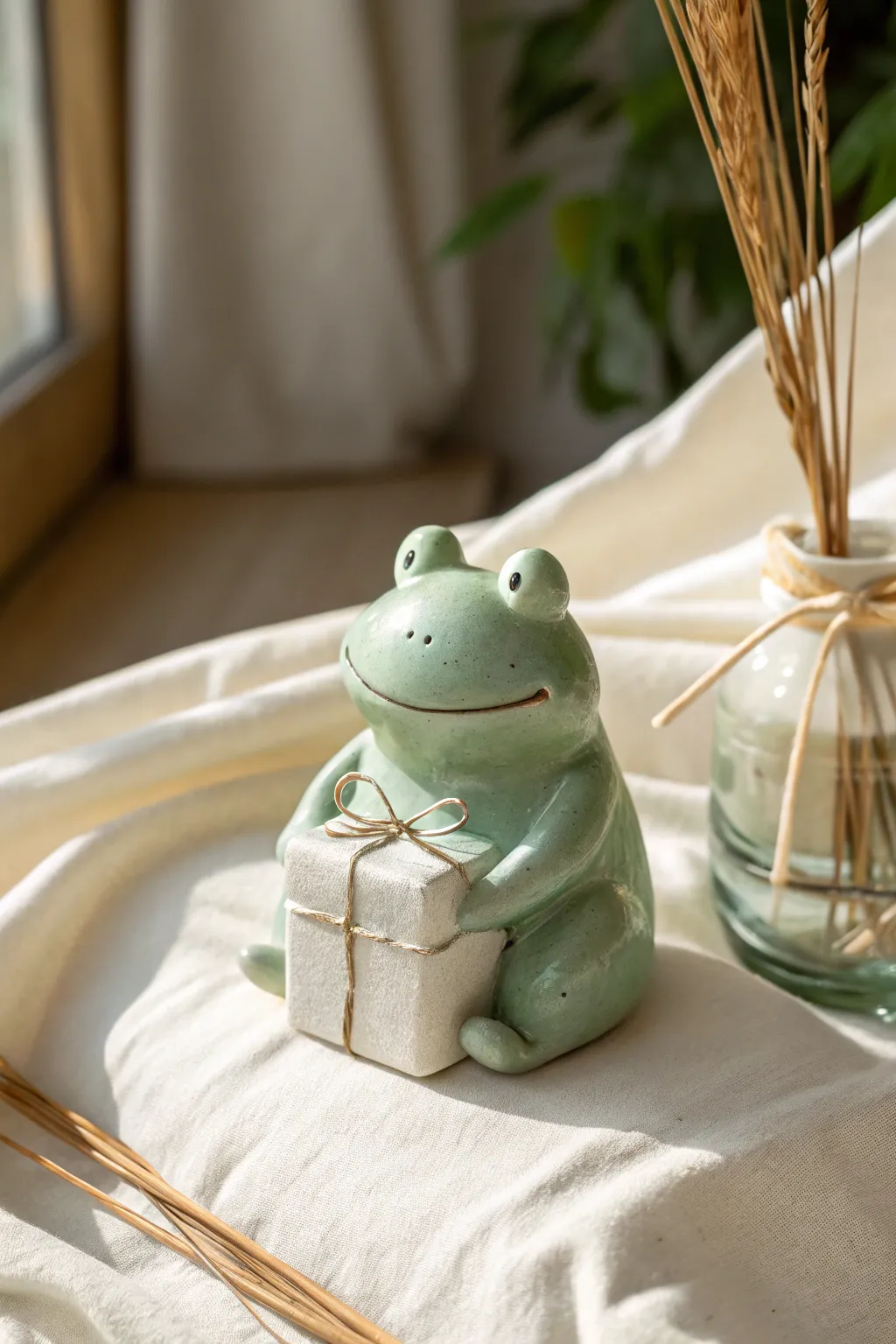 A sweet seated clay frog holding a tiny gift, minimalist and adorable with soft natural light.