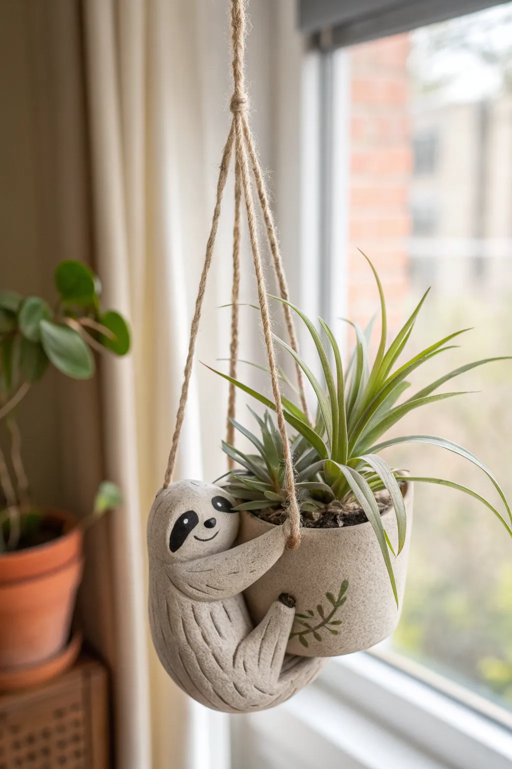 A sweet sloth-shaped clay hanger hugs an air plant for an airy, minimal boho touch.