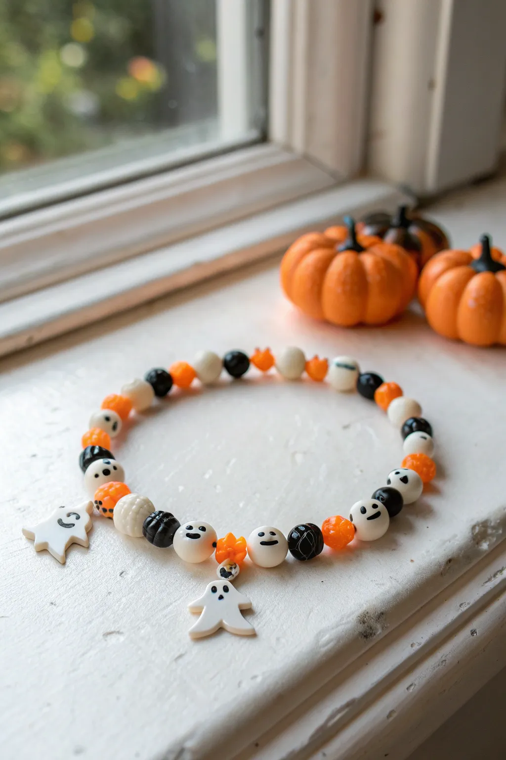 Minimal Halloween clay bead bracelet with tiny ghost, bat, and pumpkin charms plus heishi beads.
