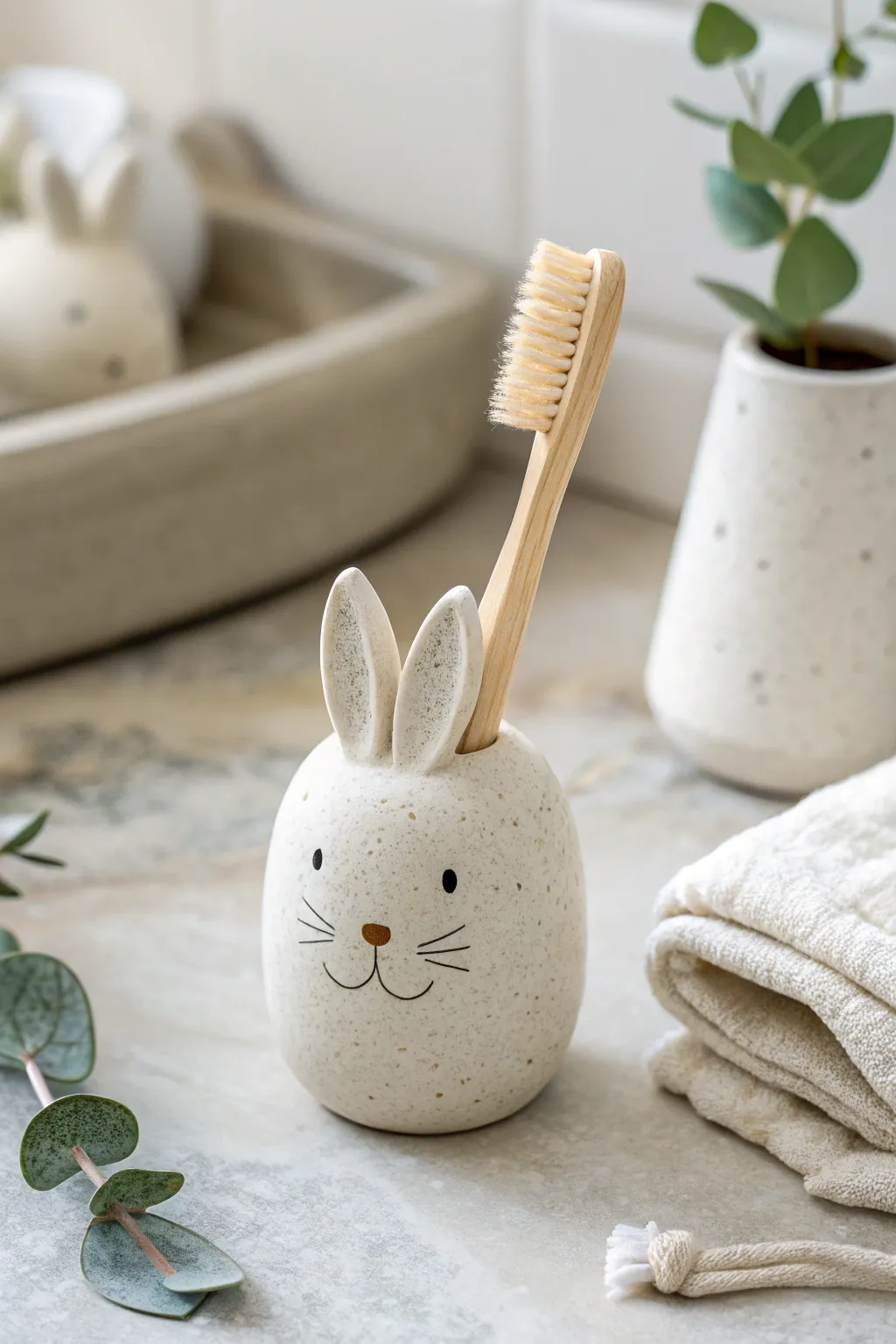 Adorable bunny clay toothbrush holder for a calm, minimalist bathroom counter setup