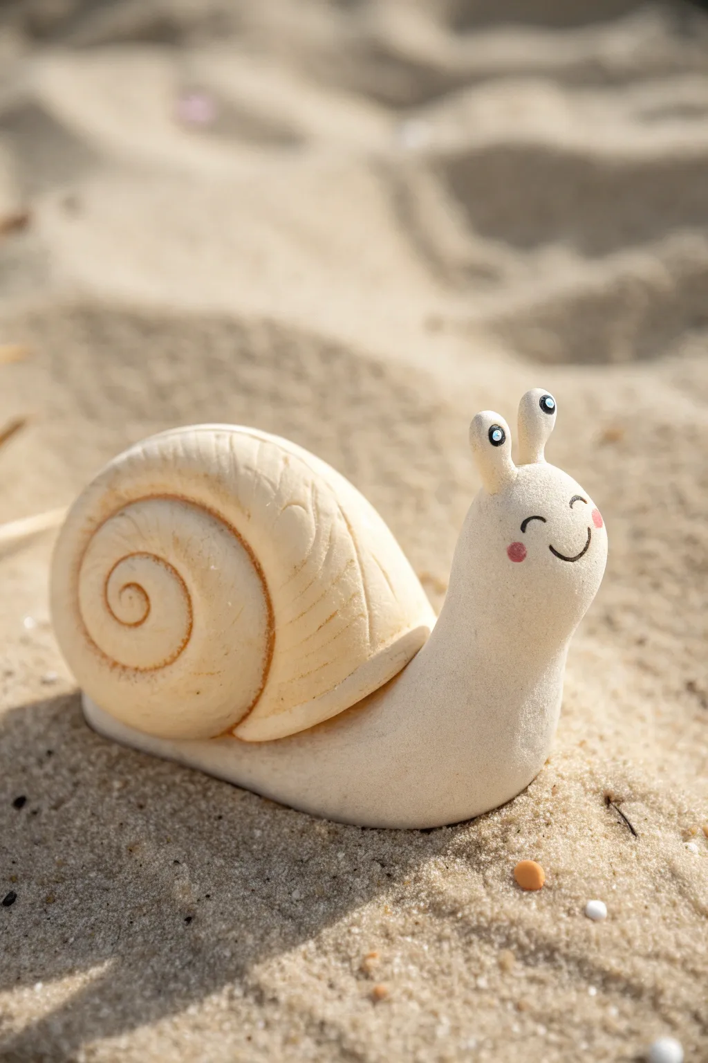 A sweet seashell snail with a happy clay face, styled in soft neutrals for calm boho vibes.