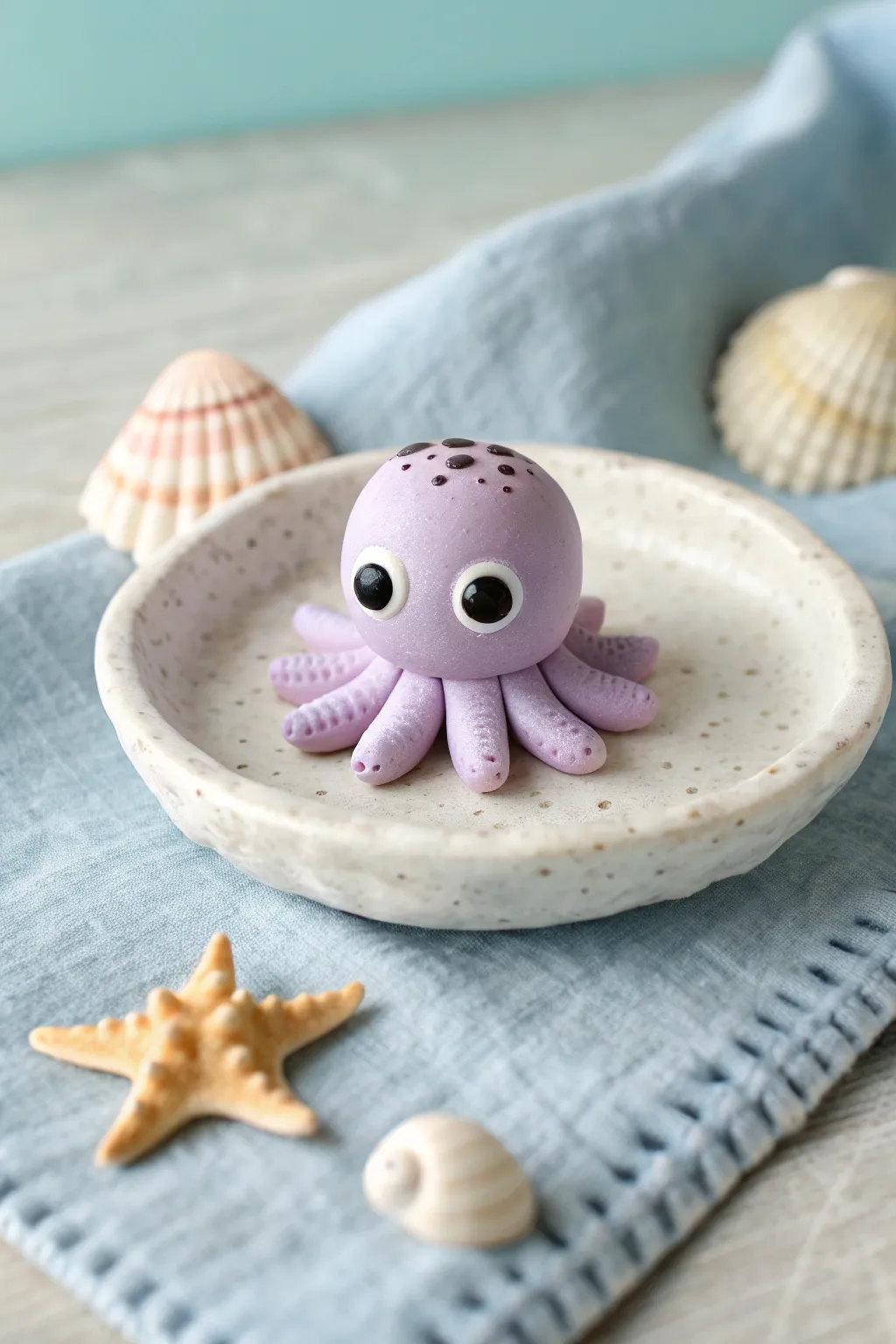 Tiny pastel octopus with mini sea friends on a ceramic dish, perfect cute mini clay inspiration.