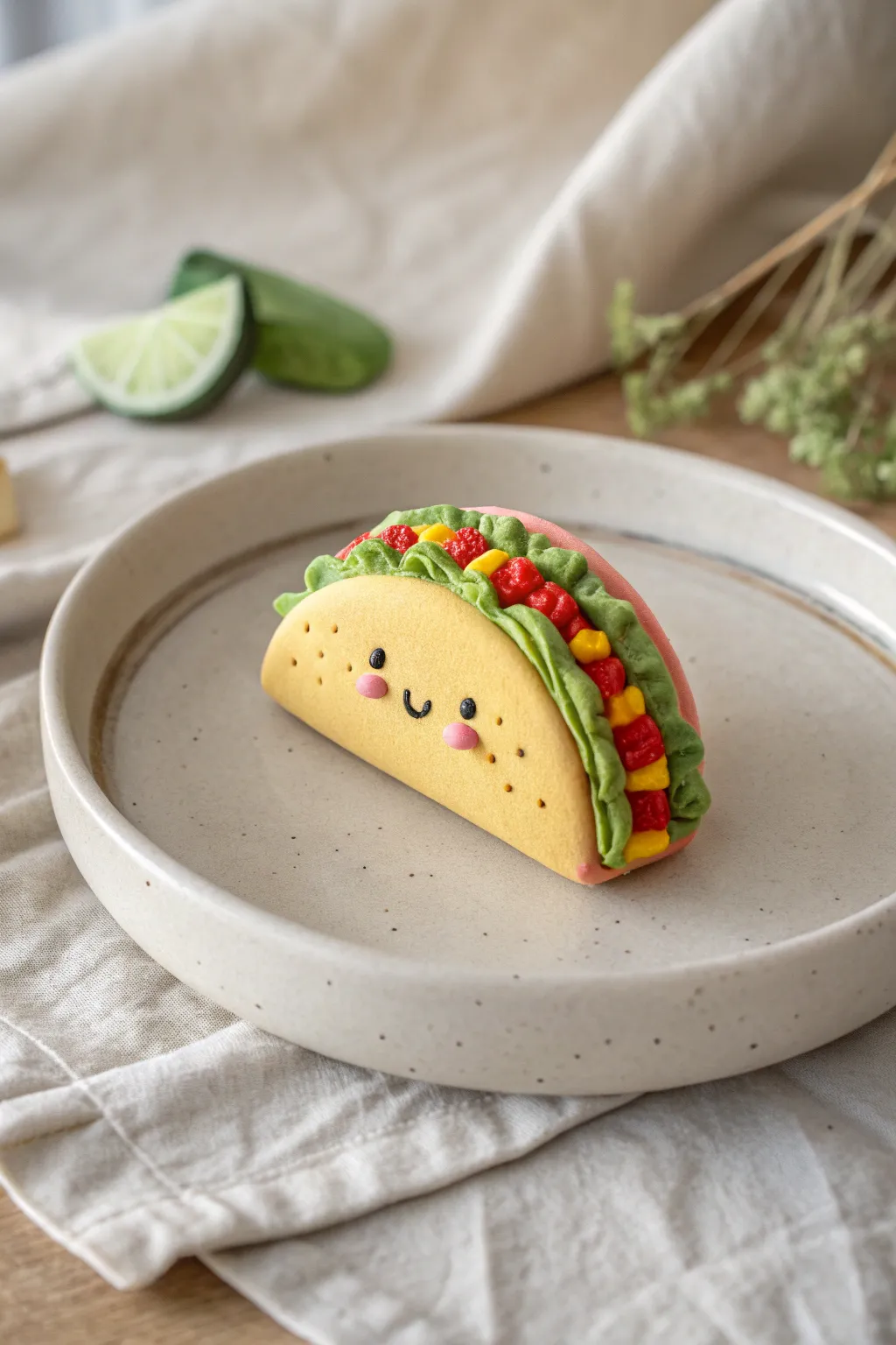 Sweet model magic taco charm with a cute face, styled minimalist on a neutral plate.