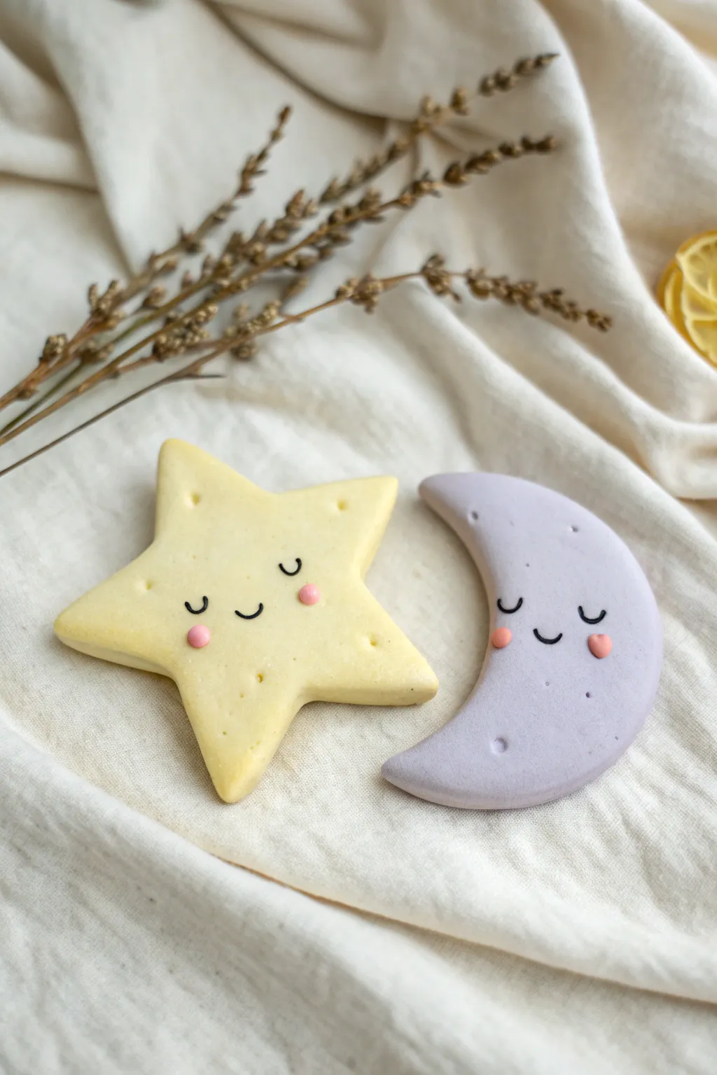 Dreamy pastel star and moon clay duo with sweet kawaii faces, minimal and boho cozy.