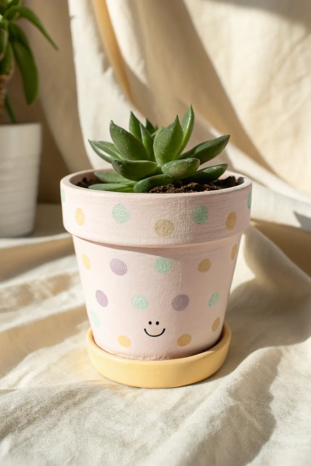 Pastel polka dot cutie pot with a tiny smiley and one succulent for soft minimalist charm.