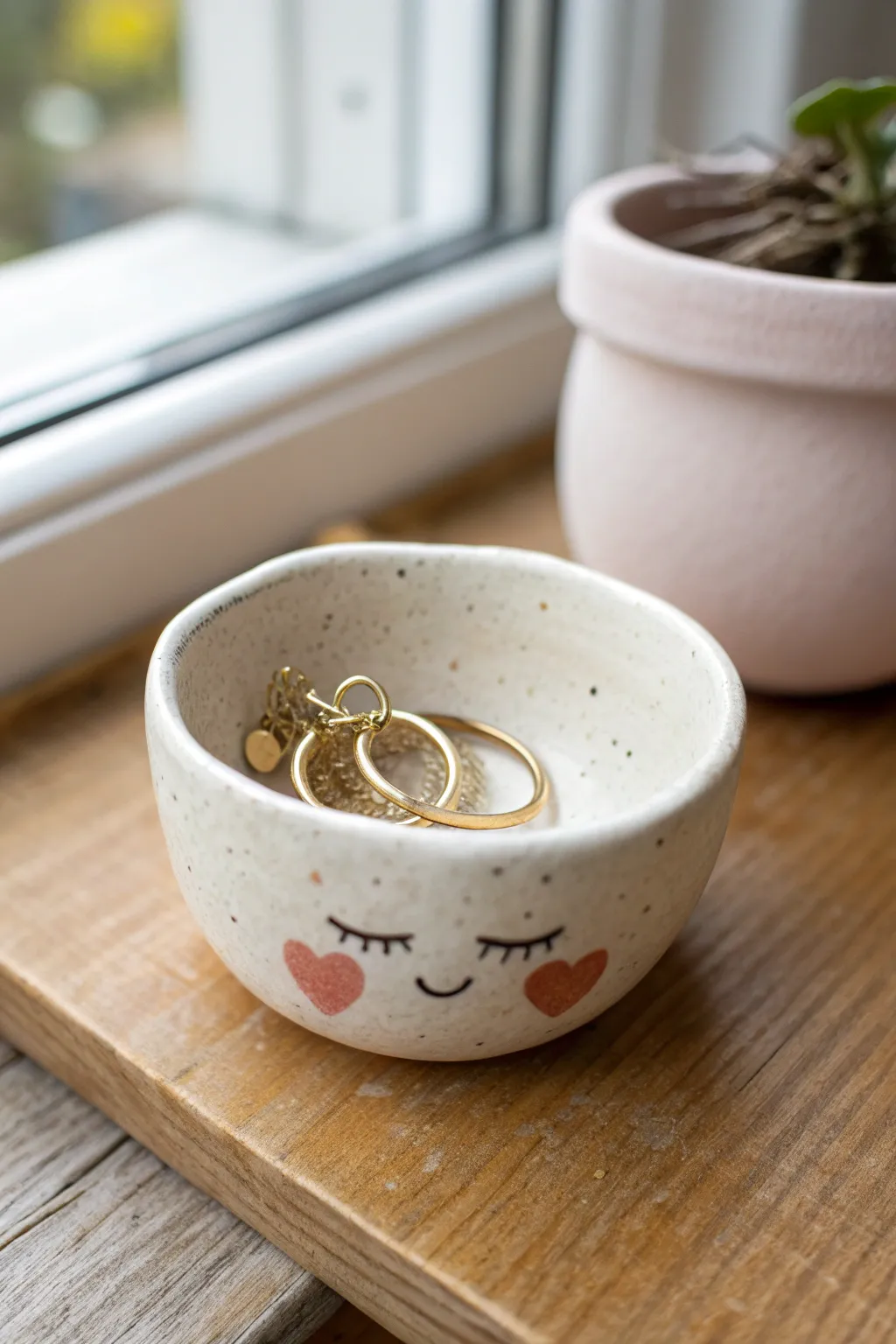 Heart-cheek pinch pot character bowl, a minimalist jewelry dish with cozy boho charm.