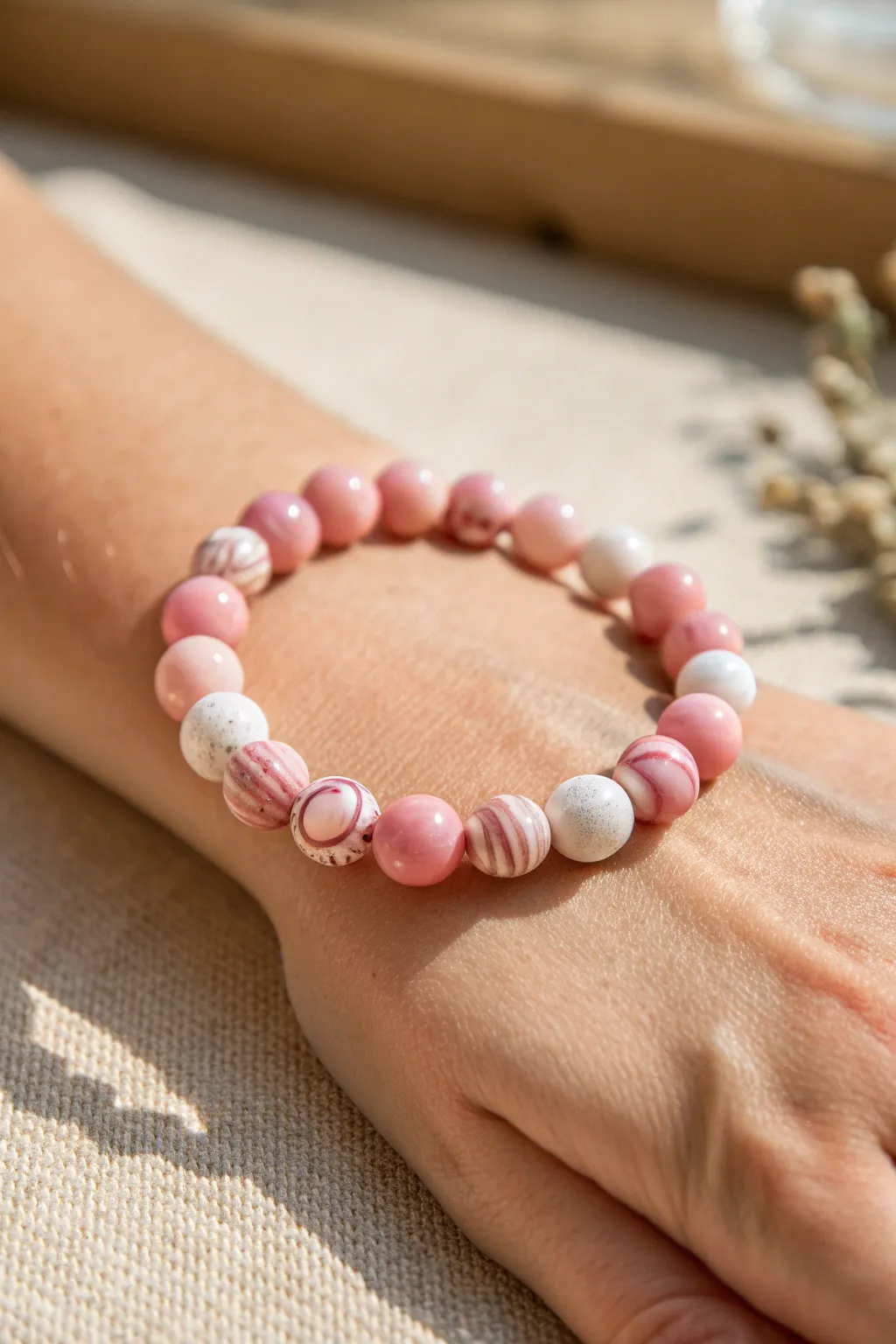 Pink marble swirl accents meet solid blush beads for a simple, feminine clay bracelet look