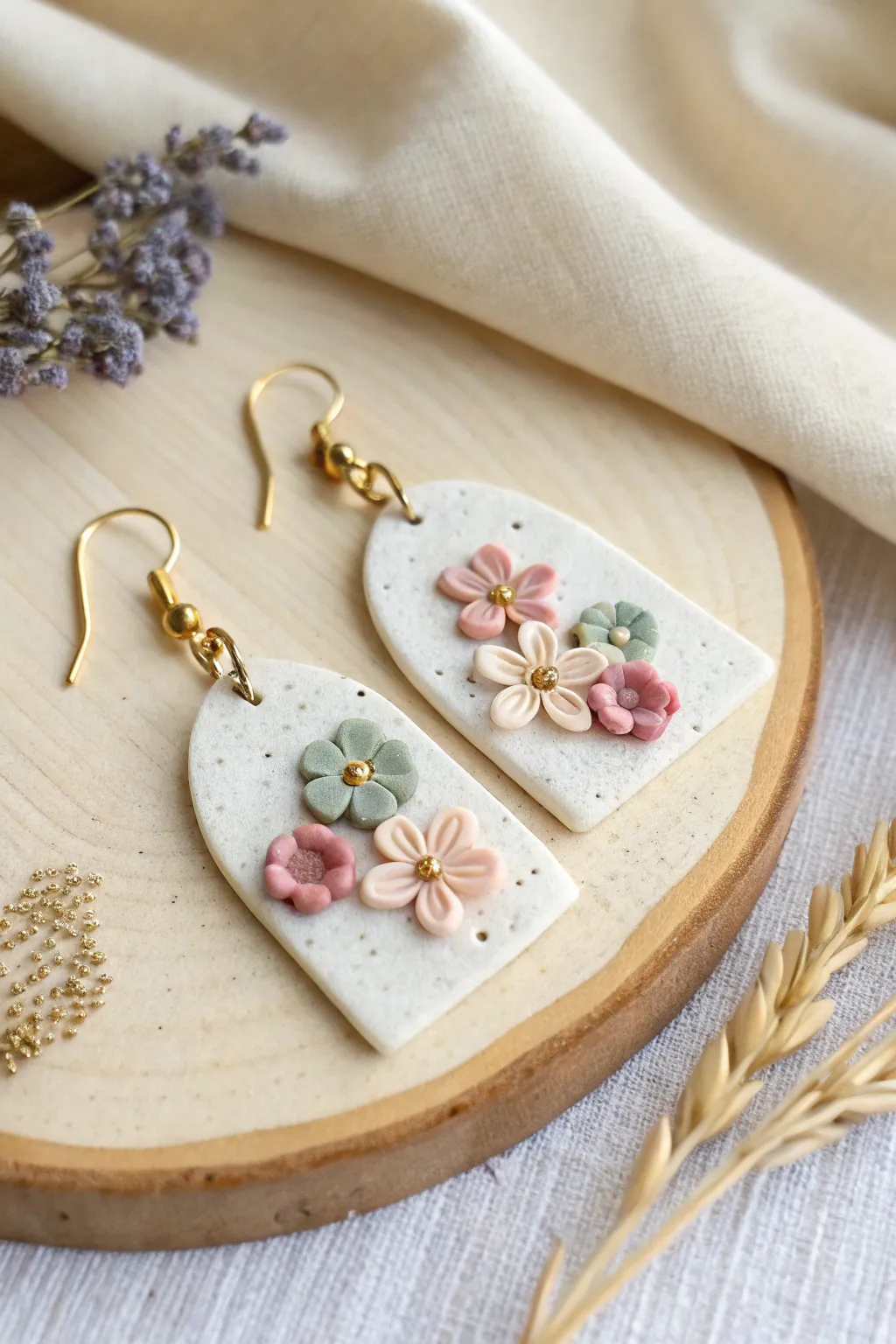 Mini bouquet polymer clay dangles in soft pastels, simple shapes, handmade charm and clean contrast.