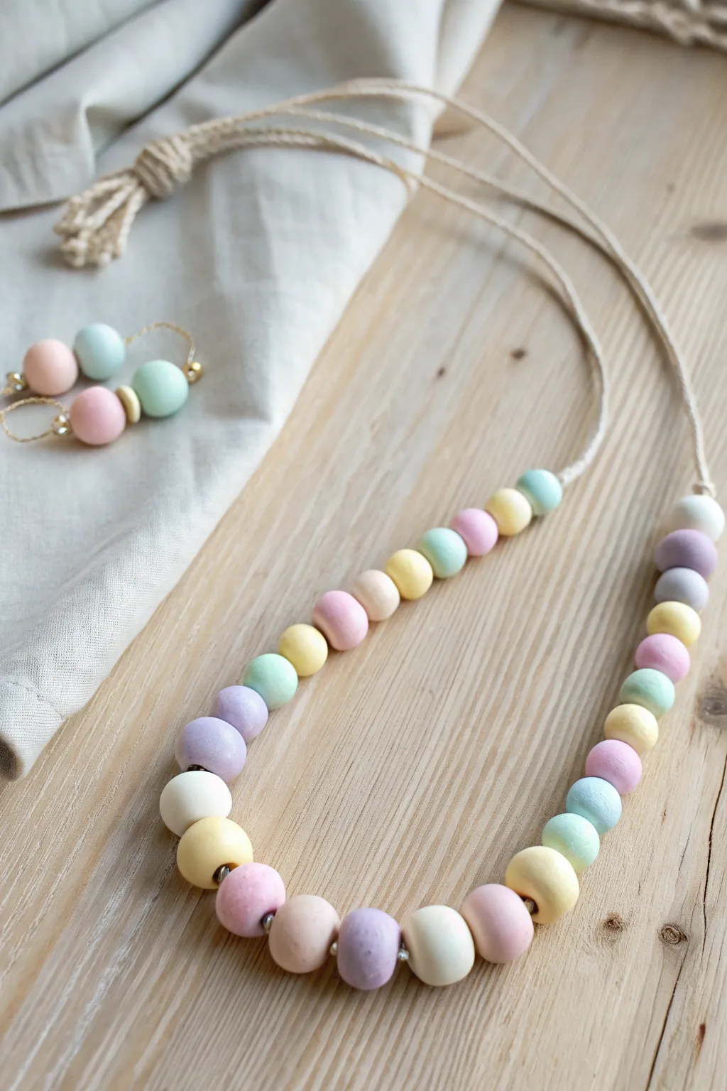 Chunky pastel lentil bead necklace styled on light wood, minimalist boho and sweetly handmade