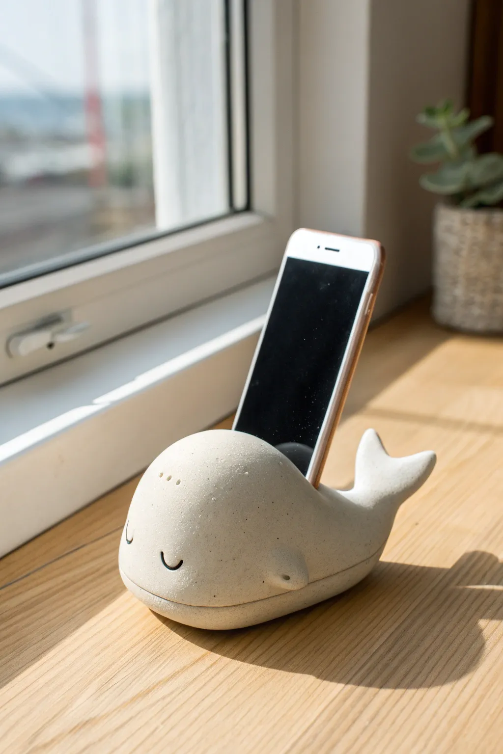 Sleepy whale clay phone rest: minimalist desk accessory that cradles your phone with charm