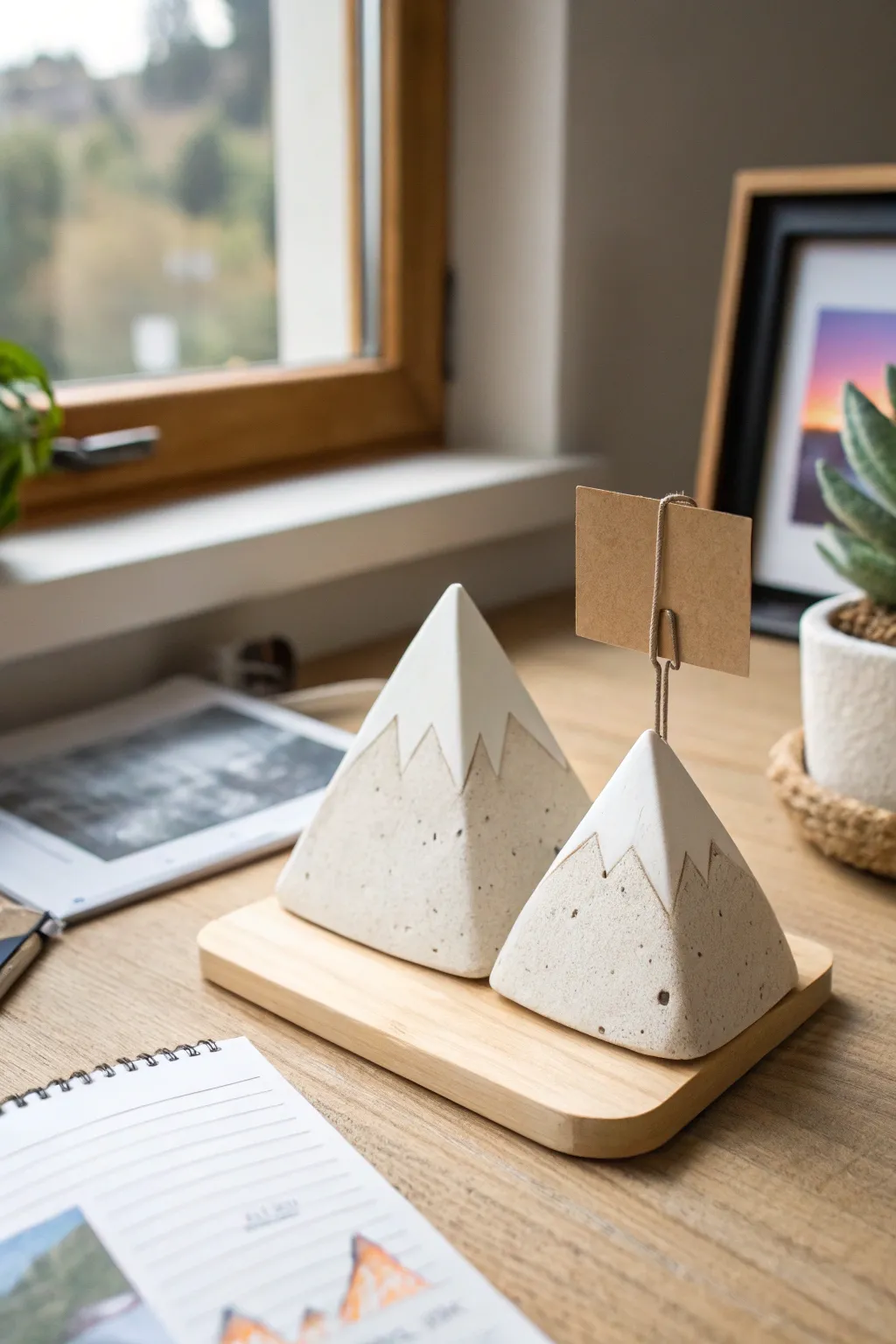 Tiny mountain photo holder in air dry clay, a sweet minimalist touch for your desk.