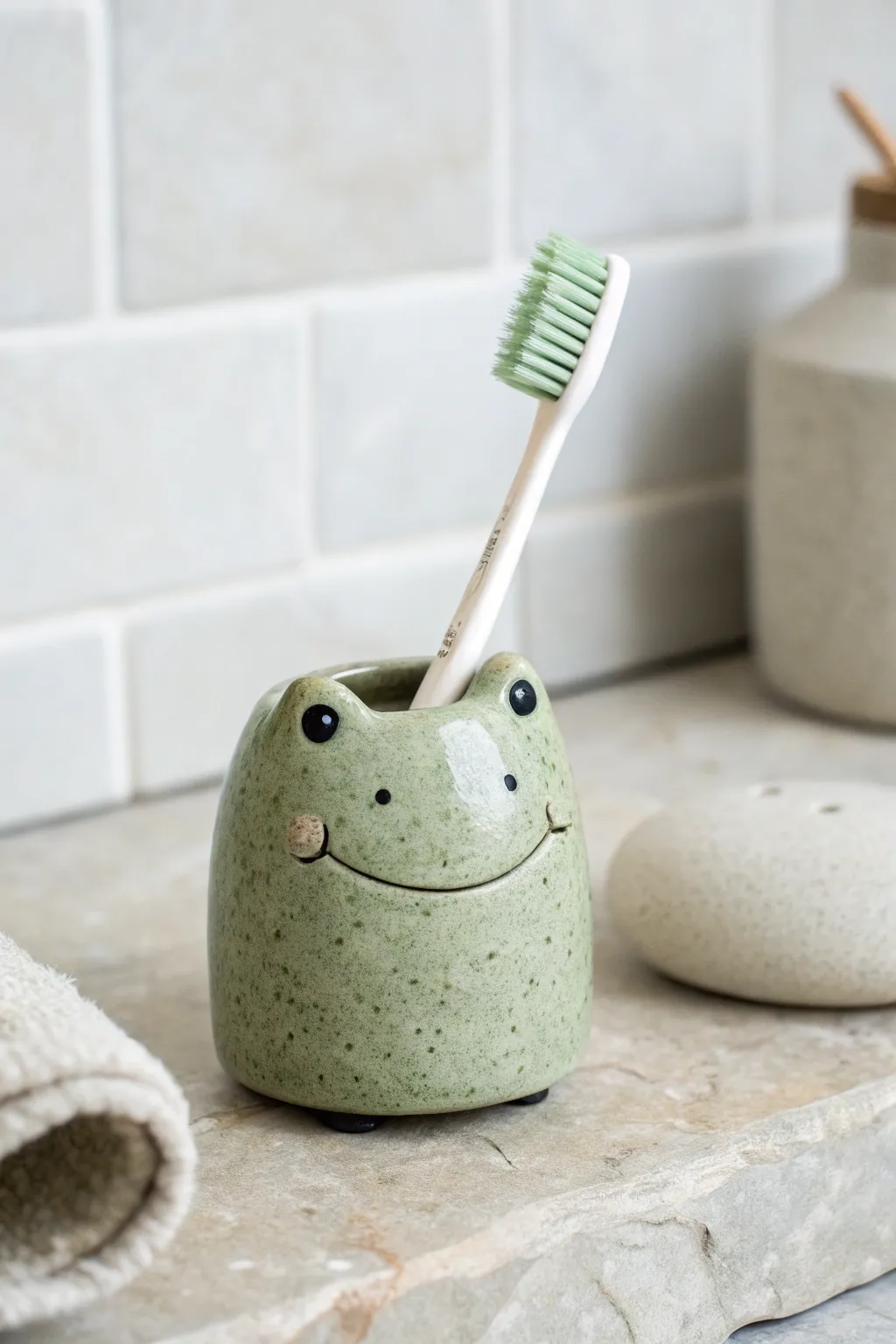 A tiny frog toothbrush holder critter that adds minimalist charm and keeps your sink tidy
