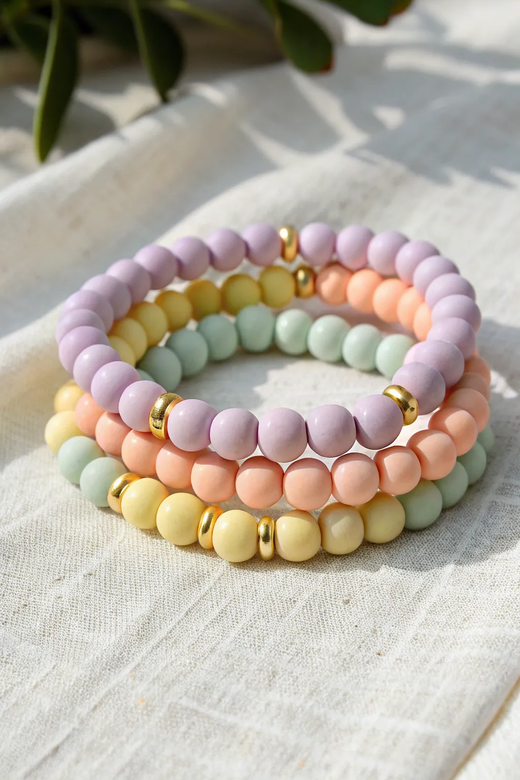 Pastel sorbet clay bead bracelet stack in mint, peach, lavender, and butter yellow