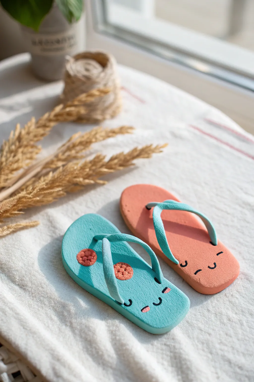 Mini clay flip flop pals with tiny smiles, bright summer colors, perfect beachy decor.