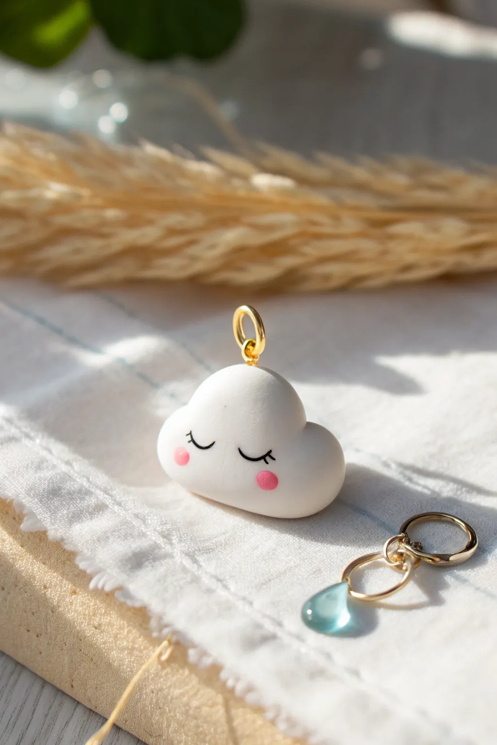 Tiny sleepy cloud figurine with a sweet blush and dainty raindrop charm, calm and minimal