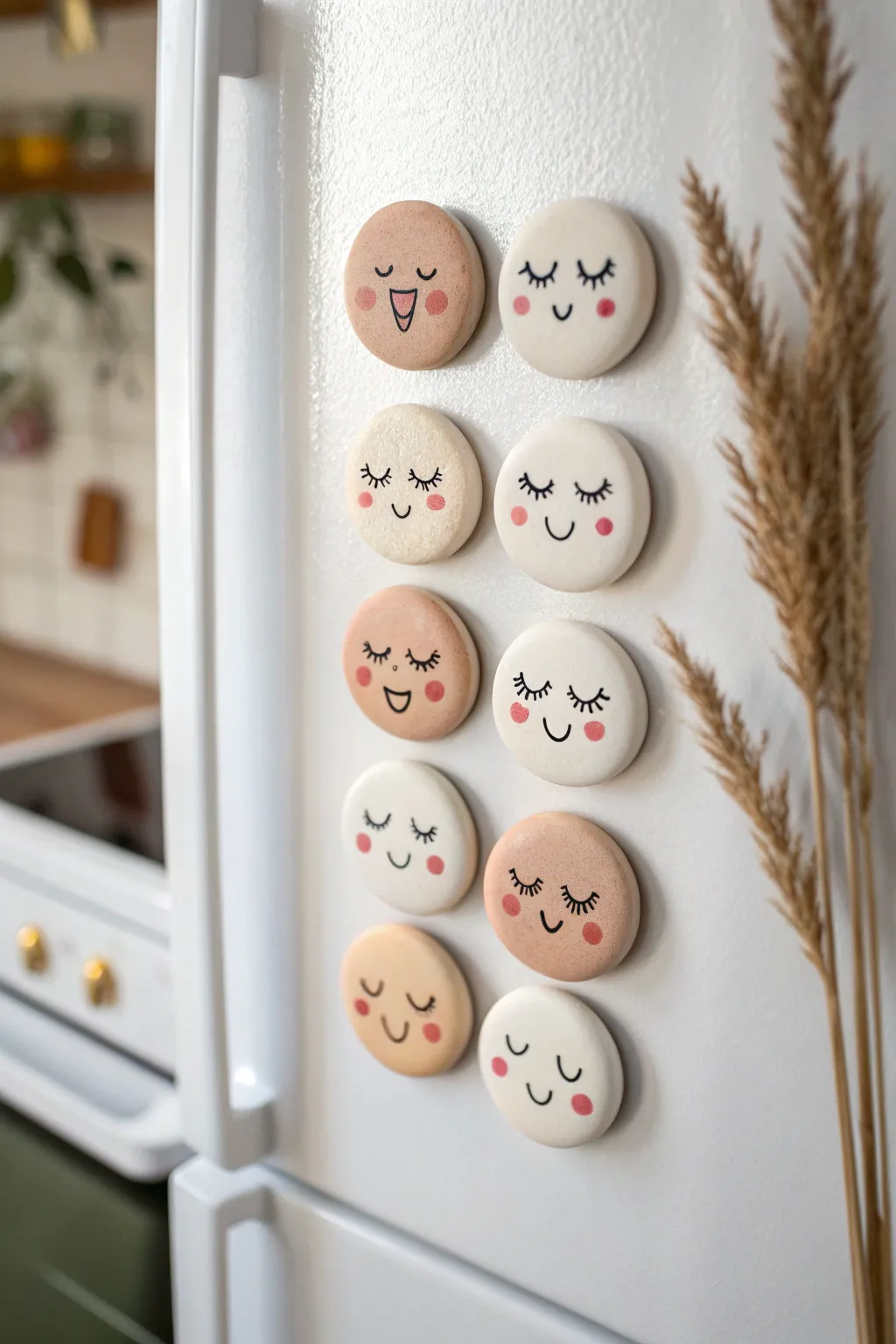 Puffy clay character face magnets in soft pastels, a cute and useful minimalist fridge upgrade.