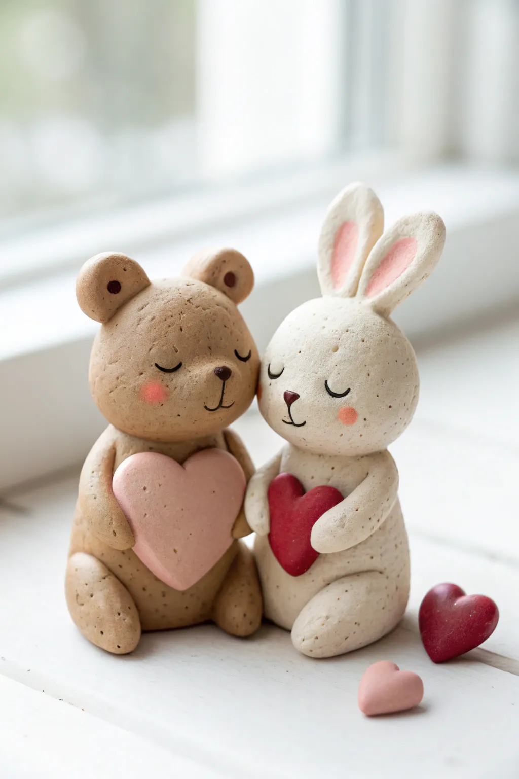 Tiny clay bear and bunny hugging hearts, a sweet minimalist Valentines decor idea