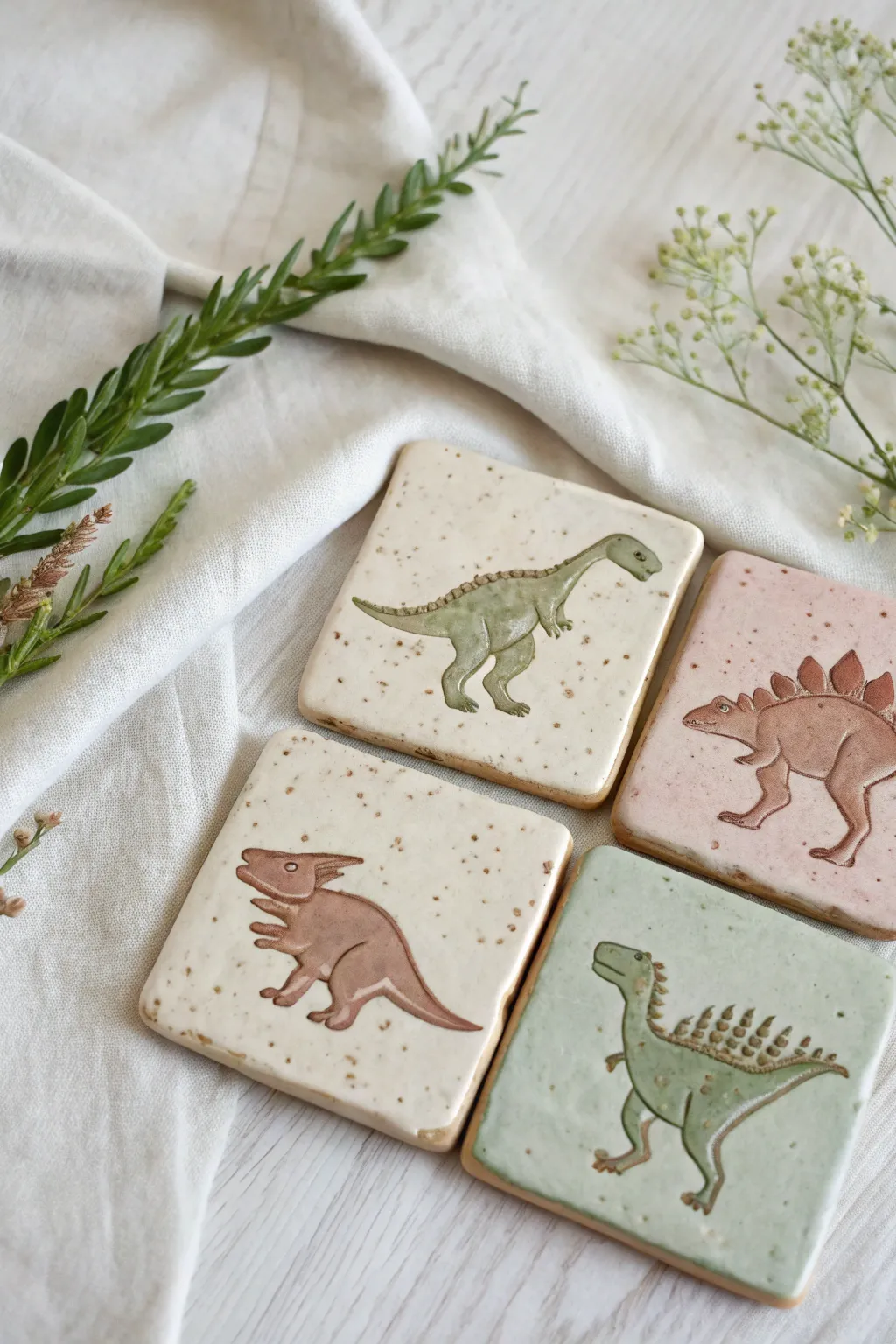 Minimal dino wall tiles with raised silhouettes and soft earthy glazes for a playful pottery accent.