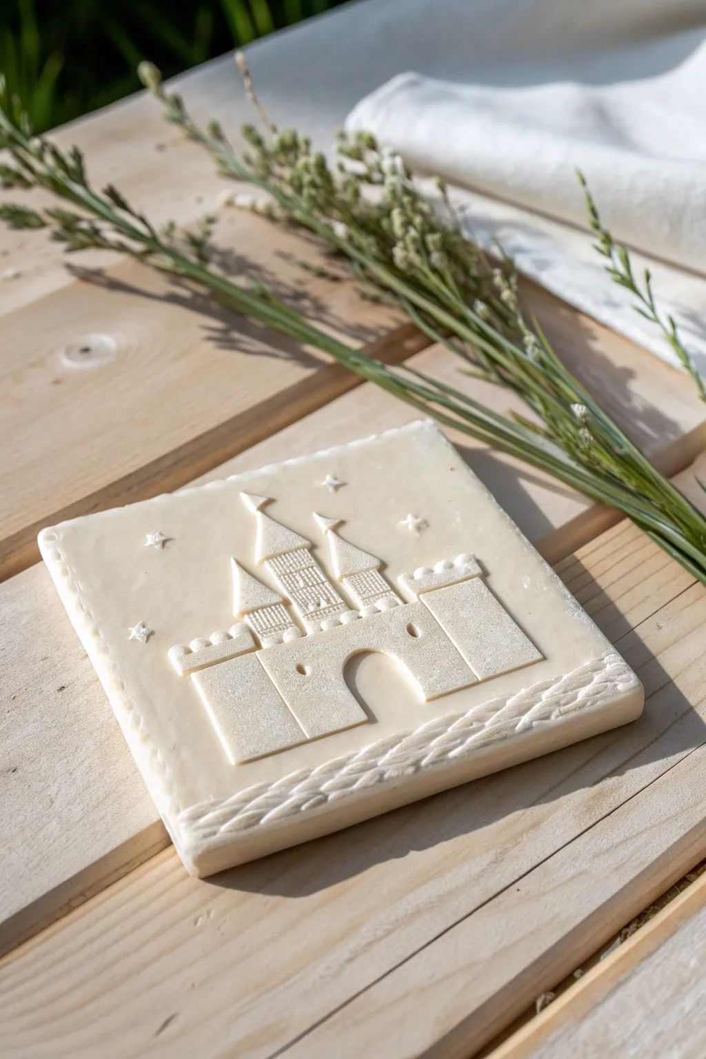 Enchanted storybook castle relief tile, softly glazed and styled in calm Scandinavian neutrals.