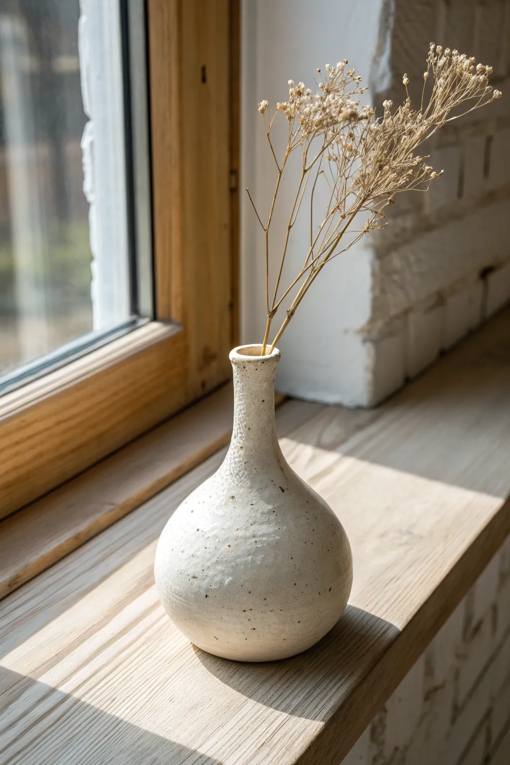 Minimal air-dry clay bud vase with dried stems, softly lit on a bright windowsill