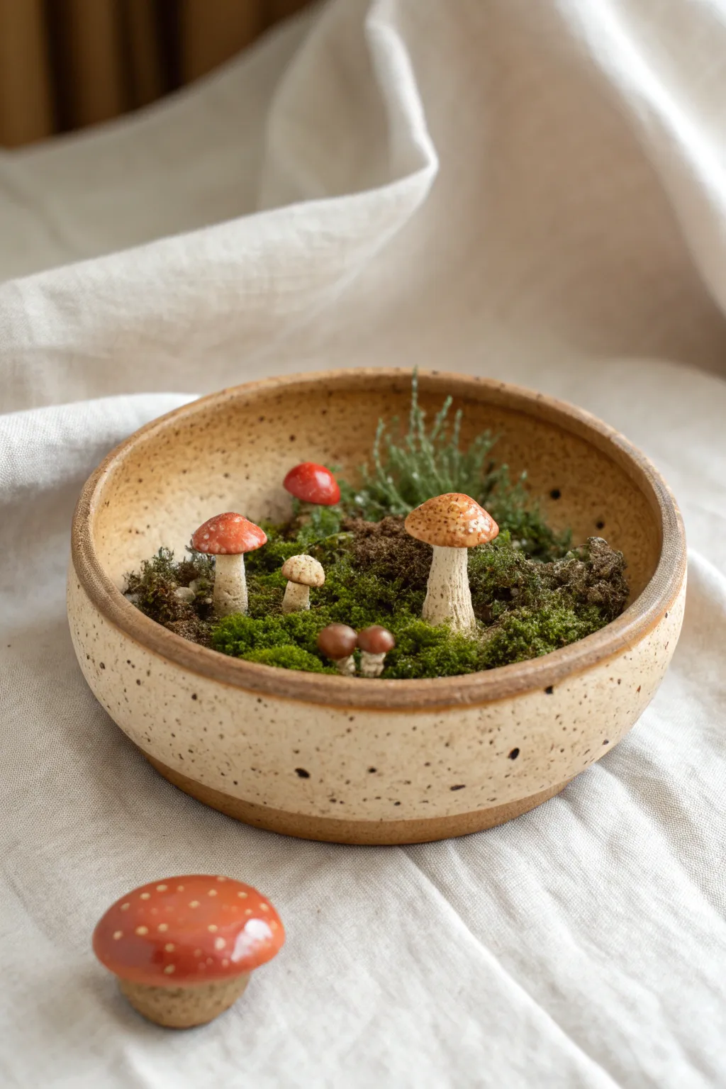 Whimsical mushroom garden clay ashtray in earthy tones, styled in soft Scandinavian minimalism.