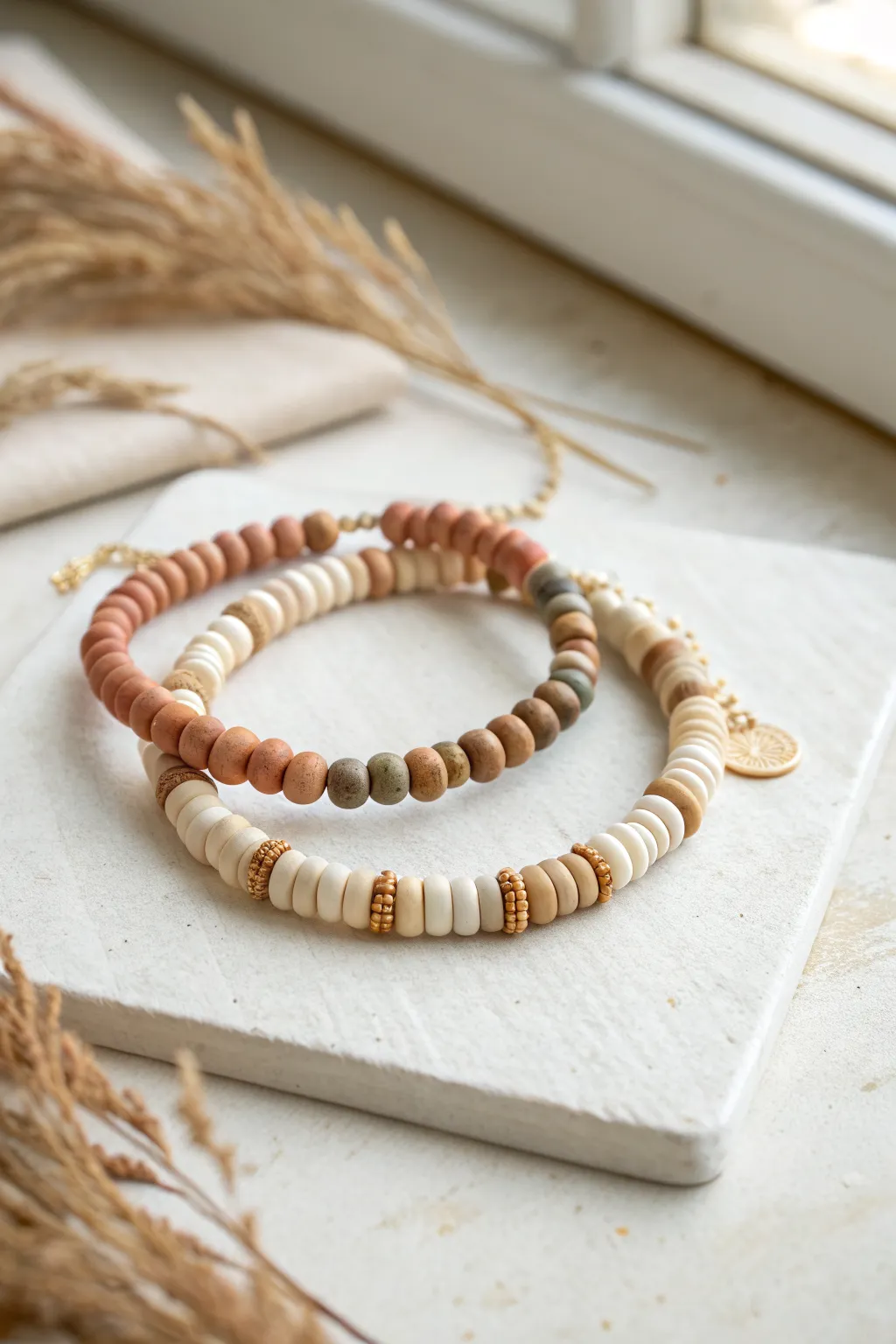 Earthy neutral heishi beads make the perfect boho clay bracelet duo for effortless layering.