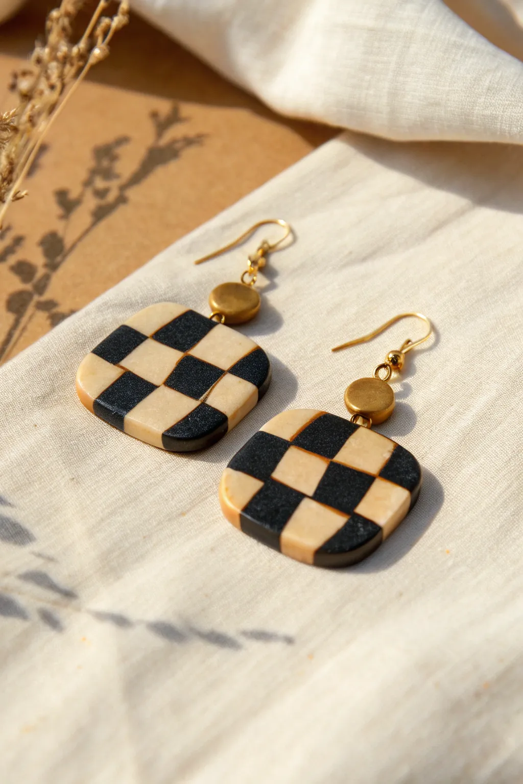Minimal checkerboard clay tile dangles with crisp contrast and a clean, modern boho feel