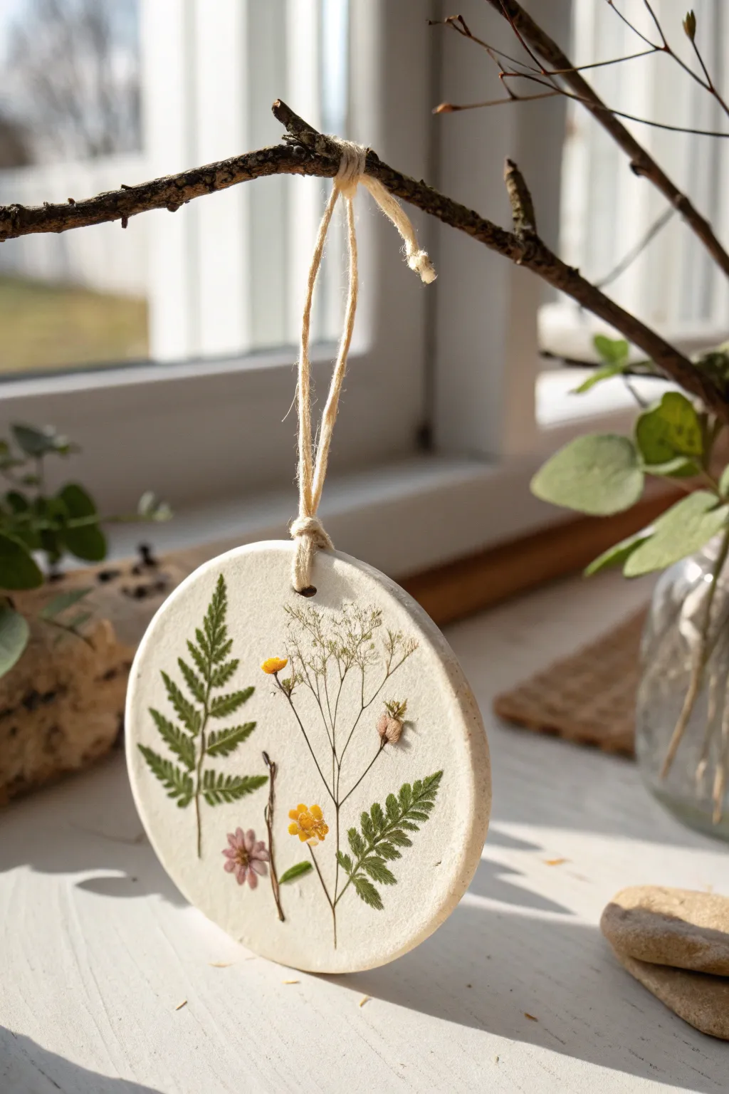 Pressed-flower clay ornament with a linen ribbon, a minimalist DIY keepsake gift idea.