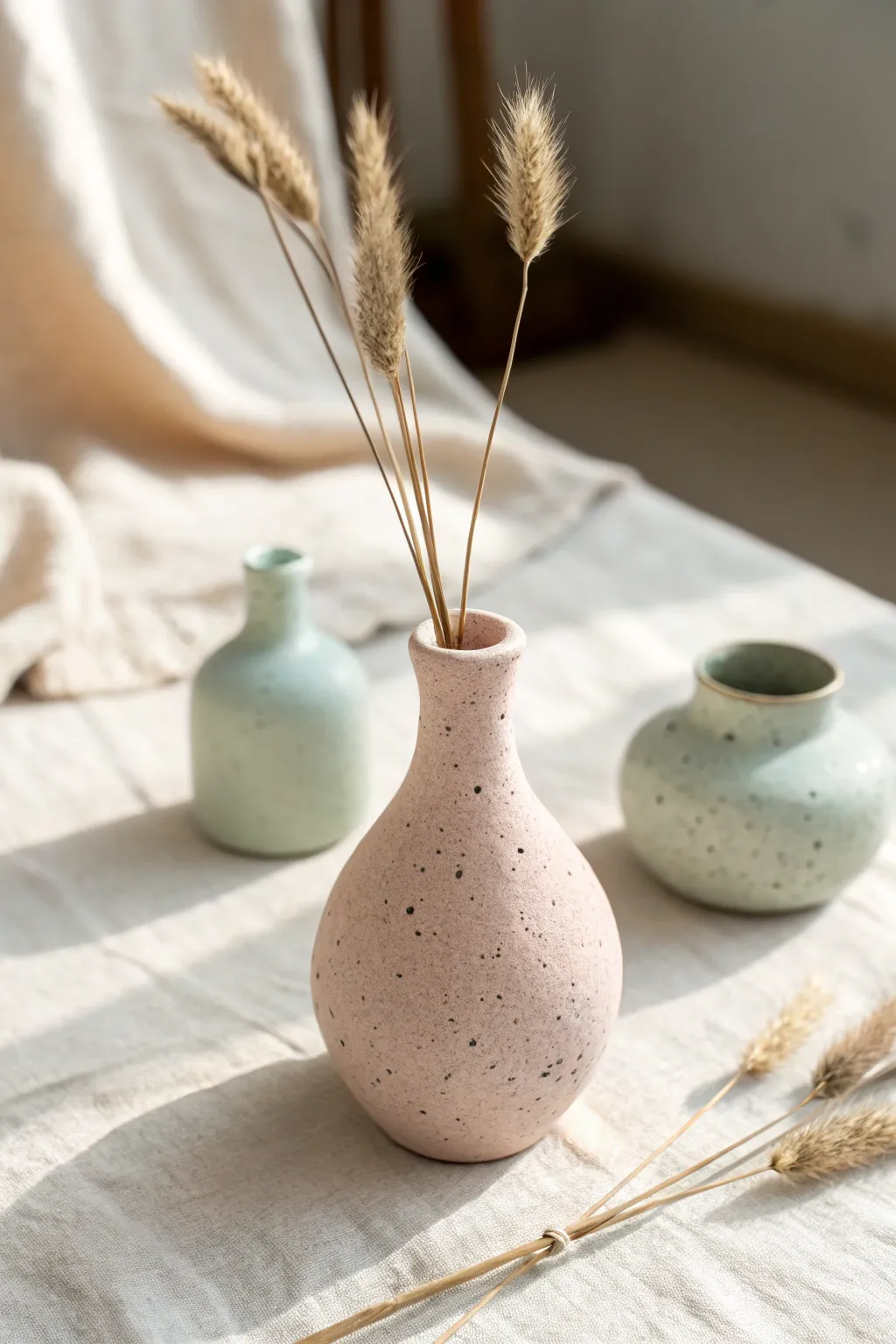 Tiny pastel clay bud vase with a single dried stem, minimalist Scandinavian style with boho warmth.