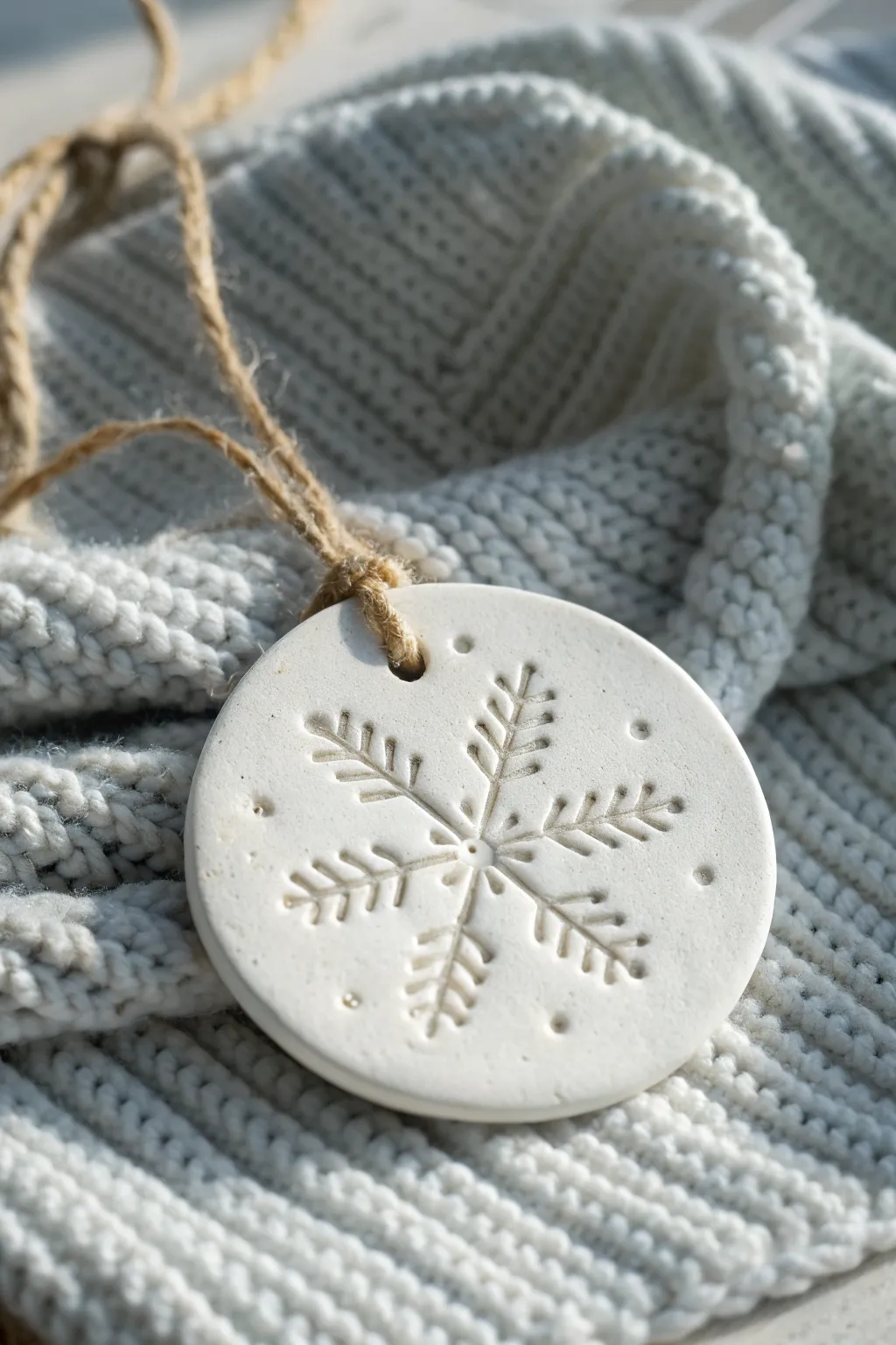 Matte white clay snowflake ornament with raised dot texture, cozy minimalist winter charm.