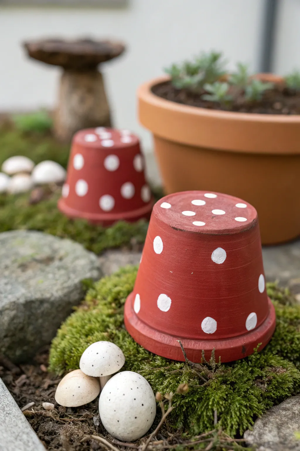 Upside-down clay pot mushroom with red cap and white dots, nestled in moss for a fairytale vibe.
