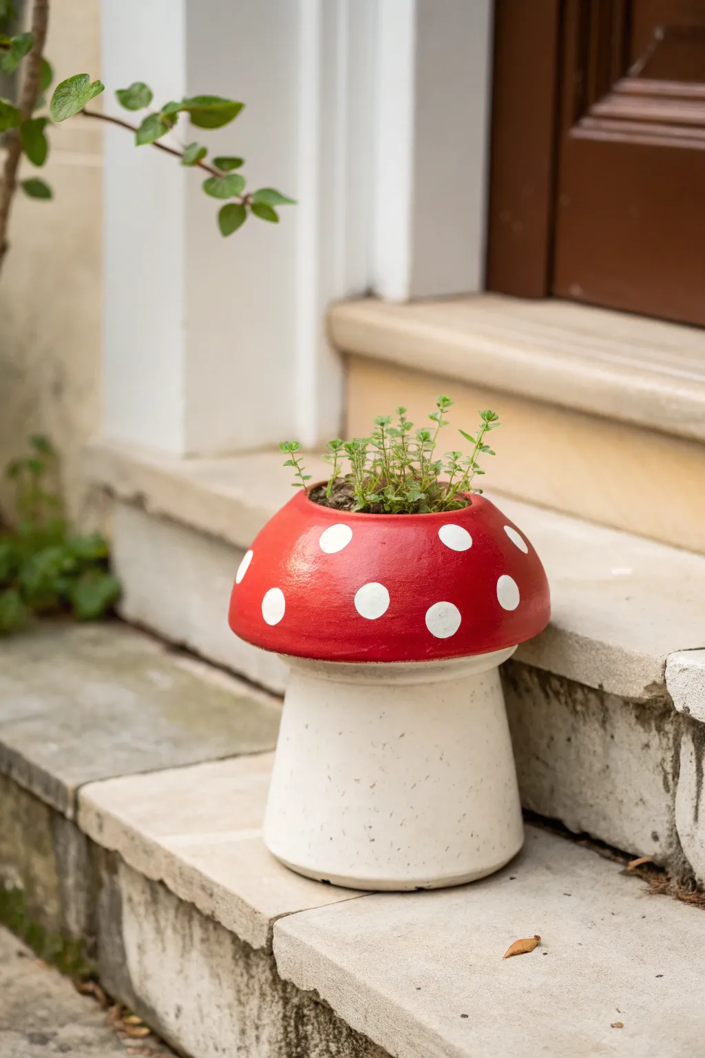 Paint a playful toadstool clay pot with bold red and white spots for a charming porch accent.