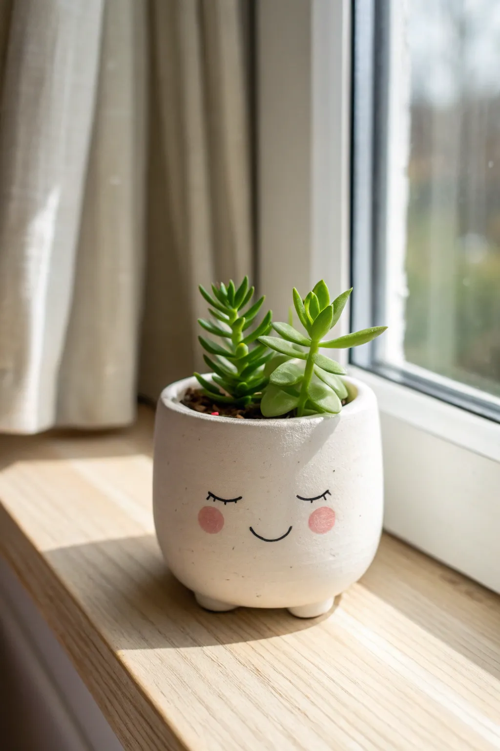 Adorable smiley clay plant pot buddy on a sunlit windowsill, minimalist Scandinavian boho feel