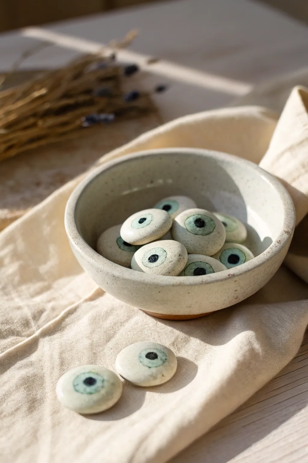 Minimalist clay eyeball pocket stones in a neutral bowl, spooky-cute and handmade