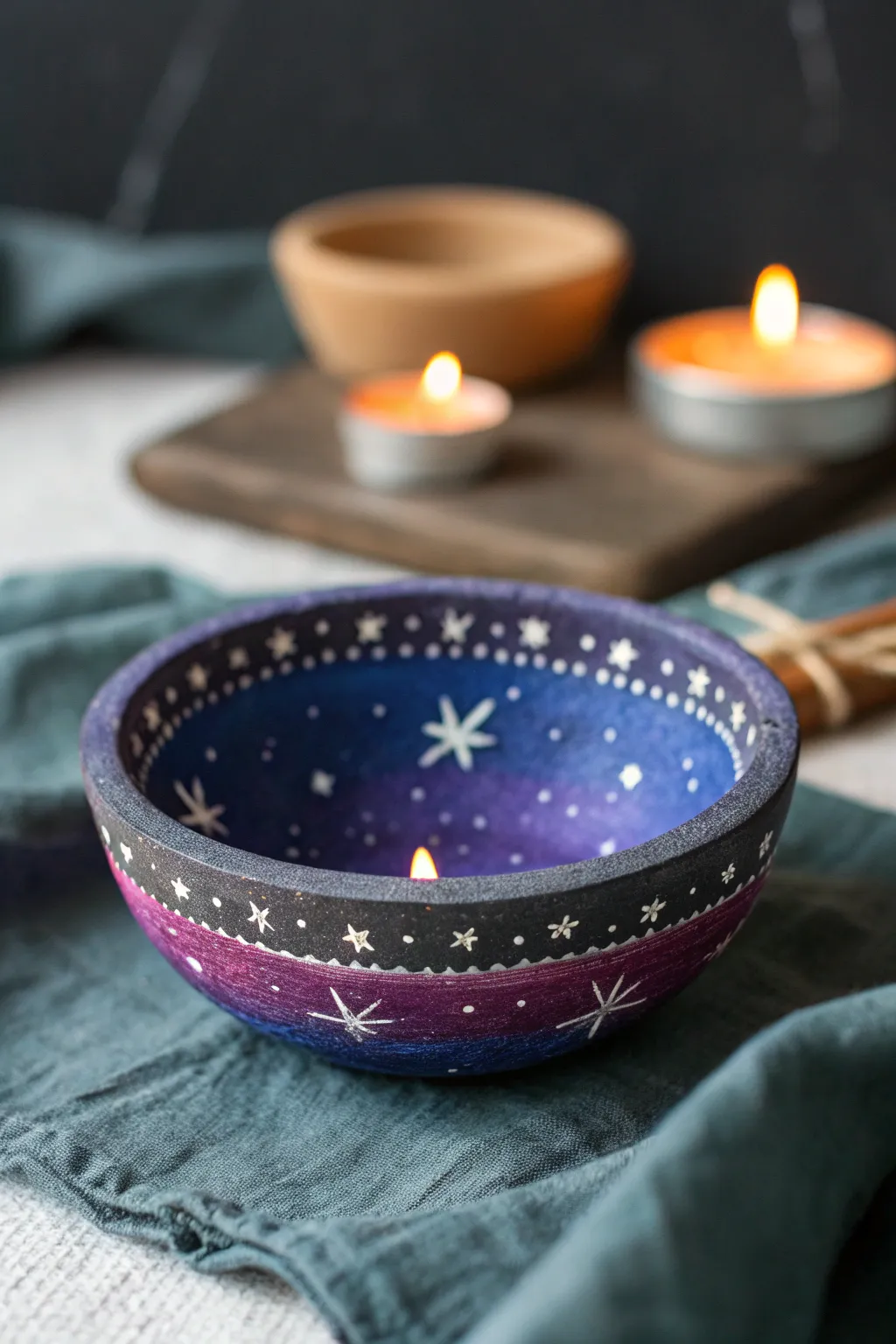 Galaxy night-sky diya with starry splatter—simple, handmade glow for cozy boho minimal decor.