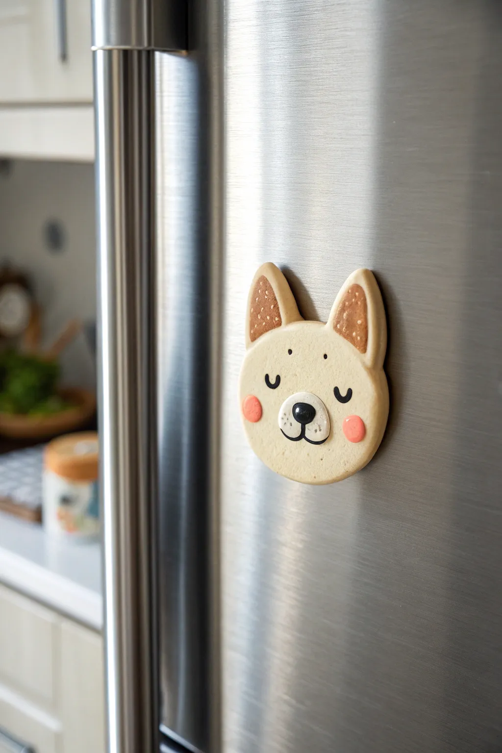 Minimal clay dog face magnet with raised ears, styled simply on steel for crisp contrast.