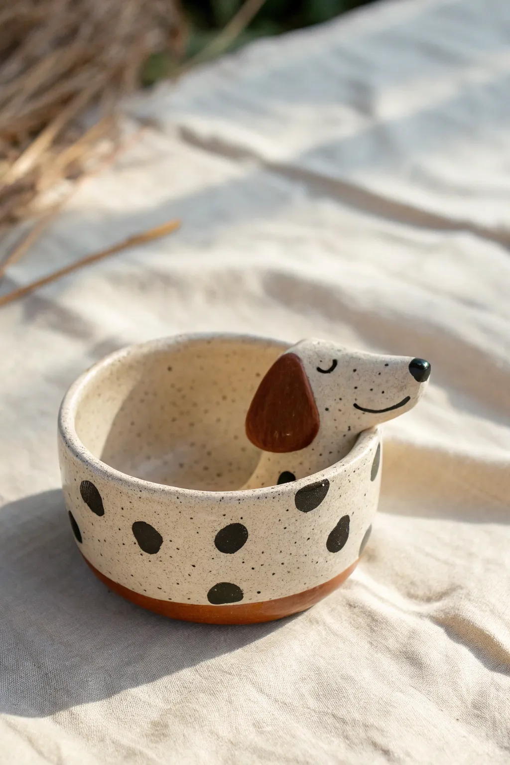 Spotty dog pinch pot with a contrasting ear, bright daylight, minimalist boho charm