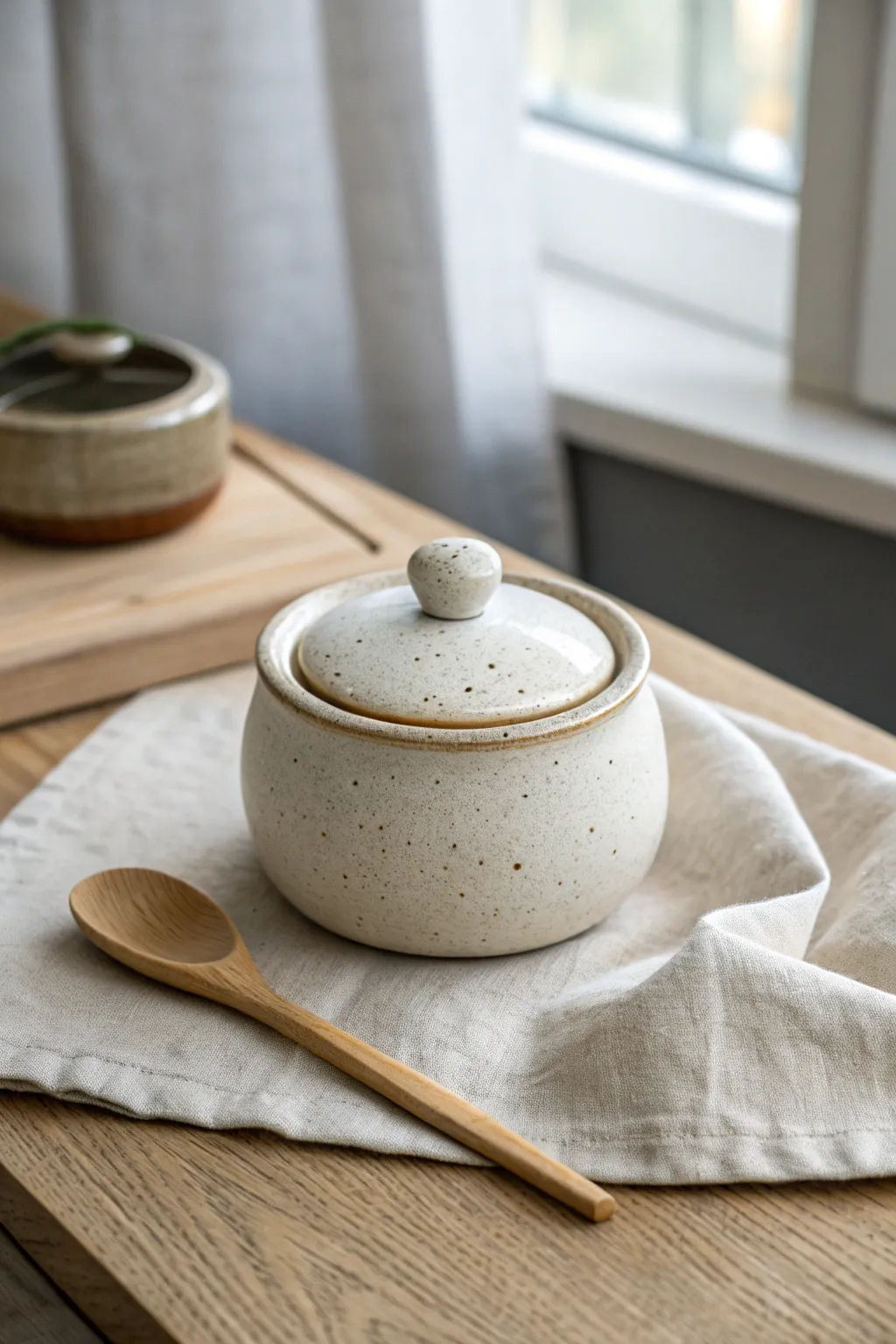 A snug-lidded double pinch pot that works as a sugar bowl or salt cellar for everyday use.