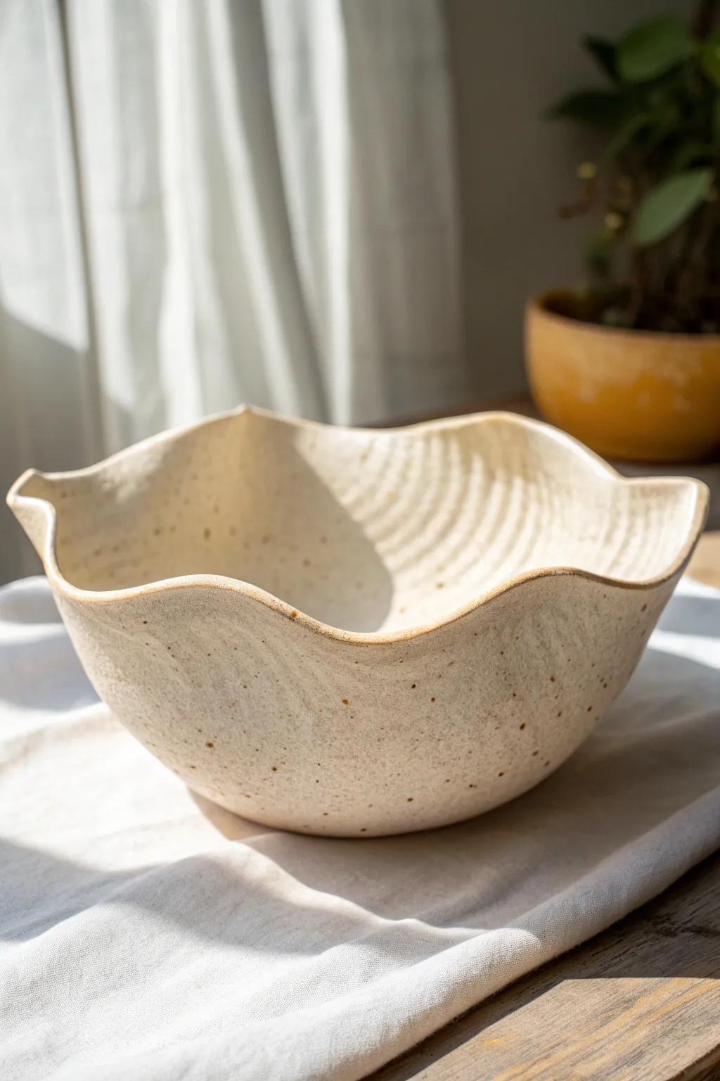 Off-center drape mold bowl with flowing movement, Scandinavian minimalism with a soft boho touch.