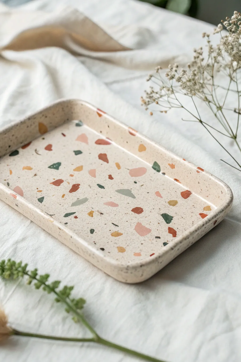 DIY air-dry clay terrazzo mini tray with pastel flecks, smooth sealed finish on a clean backdrop.